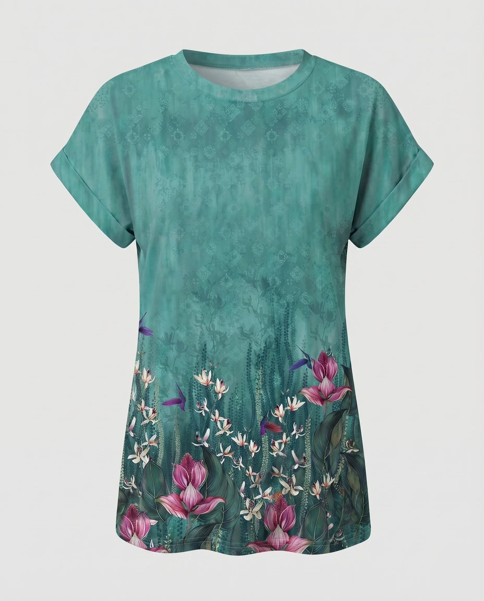 Damen Kurzarmshirt Blatt-Aquarellprint Gekrempelte Ärmel Locker - Image 10