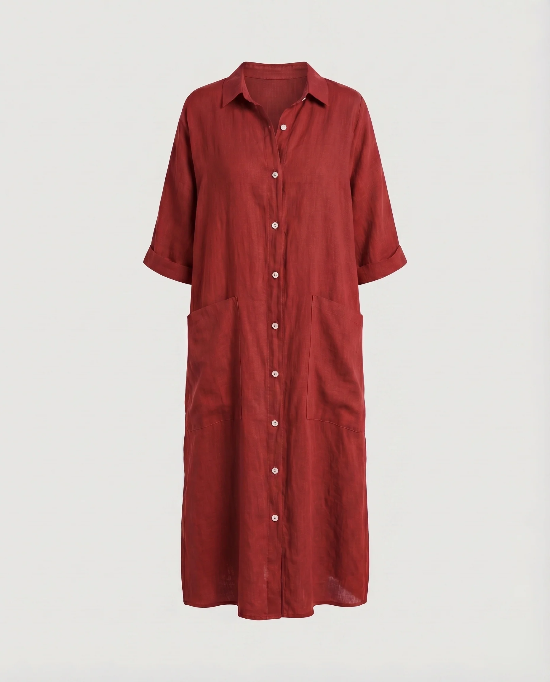 Damen Leinen-Hemdblusenkleid Seitenschlitz Aufgesetzte Taschen Locker - Image 8