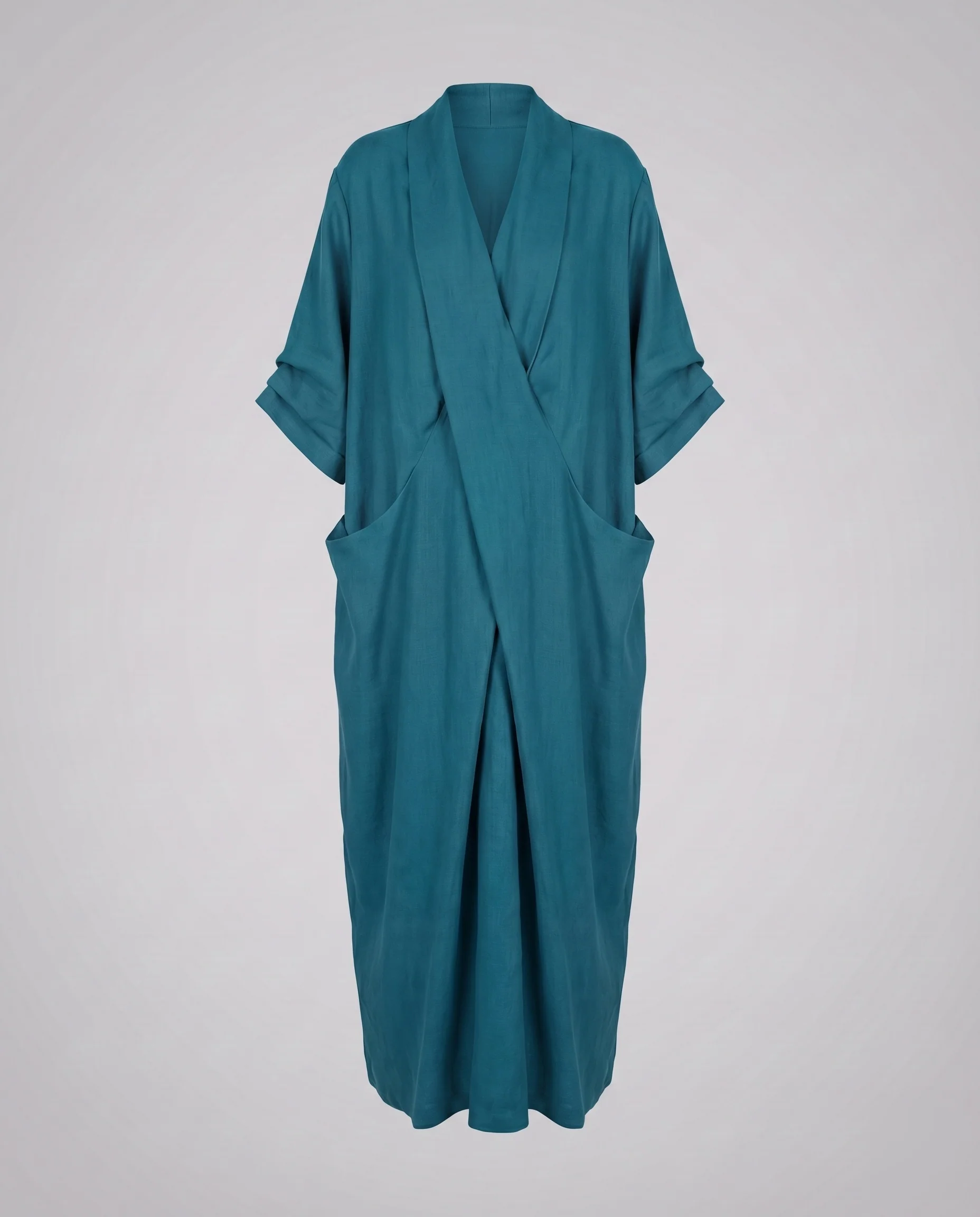 Damen Kimono-Maxikleid Schalkragen Wickelvorderteil Eingrifftaschen - Image 8