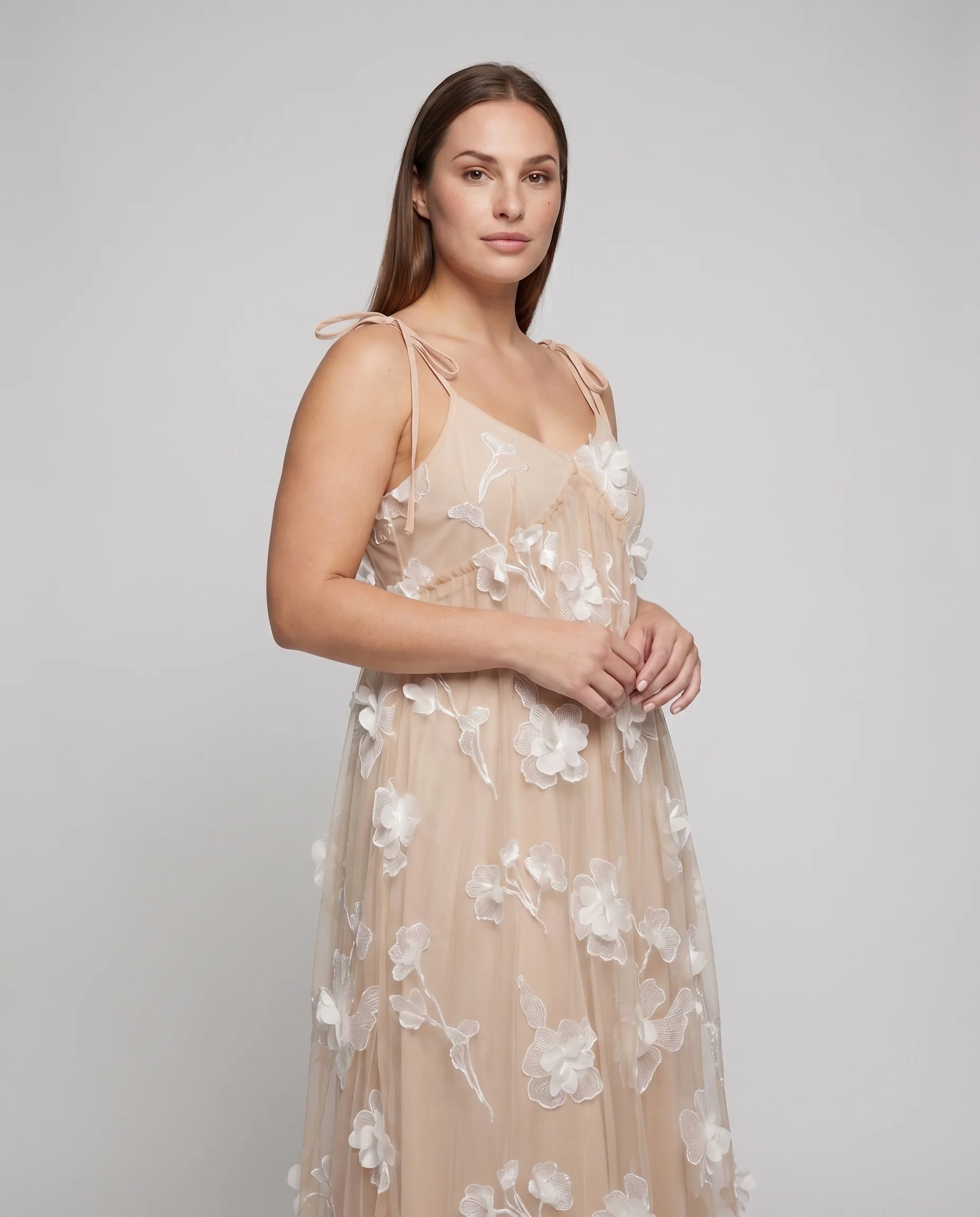 Damen Maxikleid Tüllüberwurf Blütenstickerei Bindeträger - Image 2