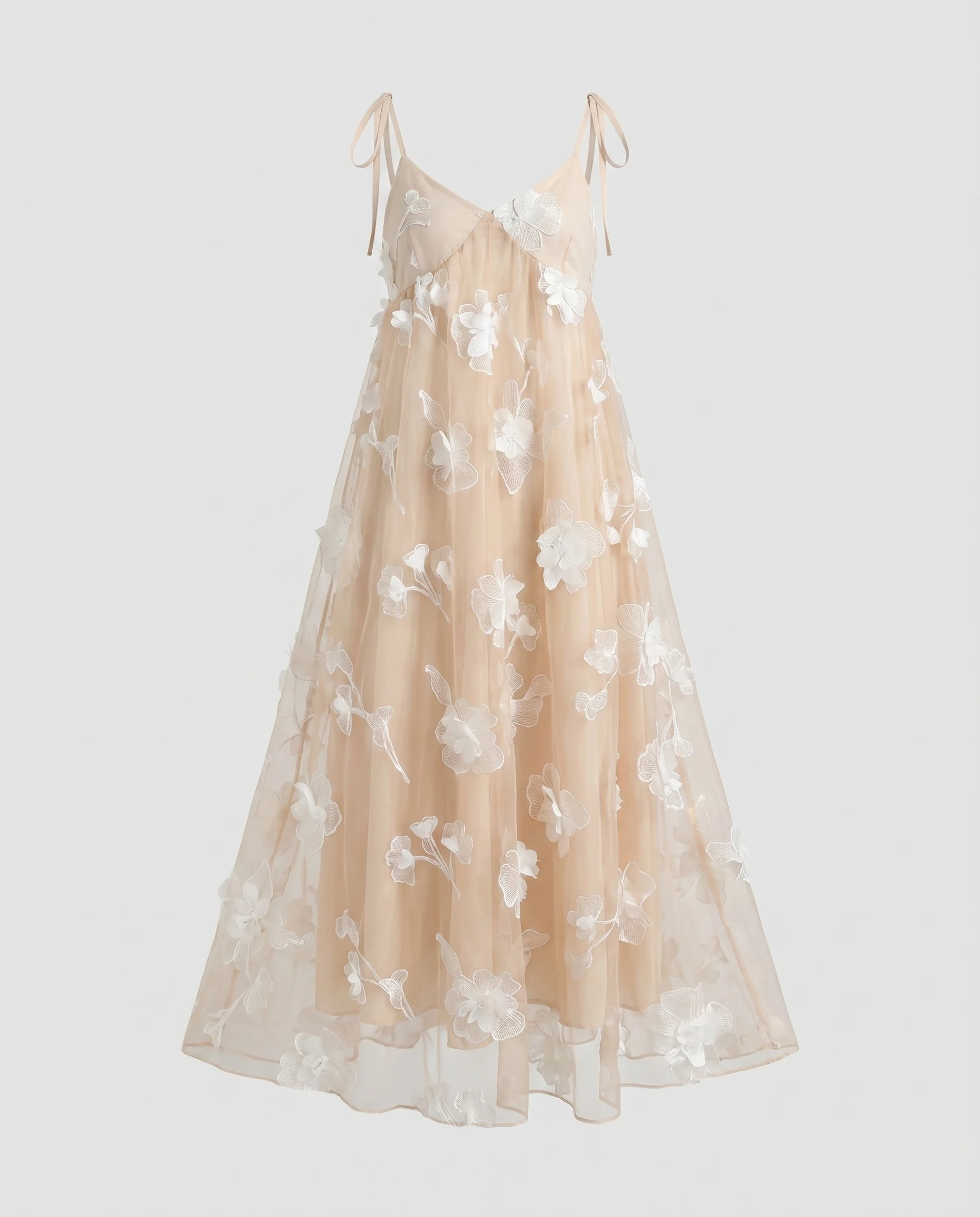 Damen Maxikleid Tüllüberwurf Blütenstickerei Bindeträger - Image 5