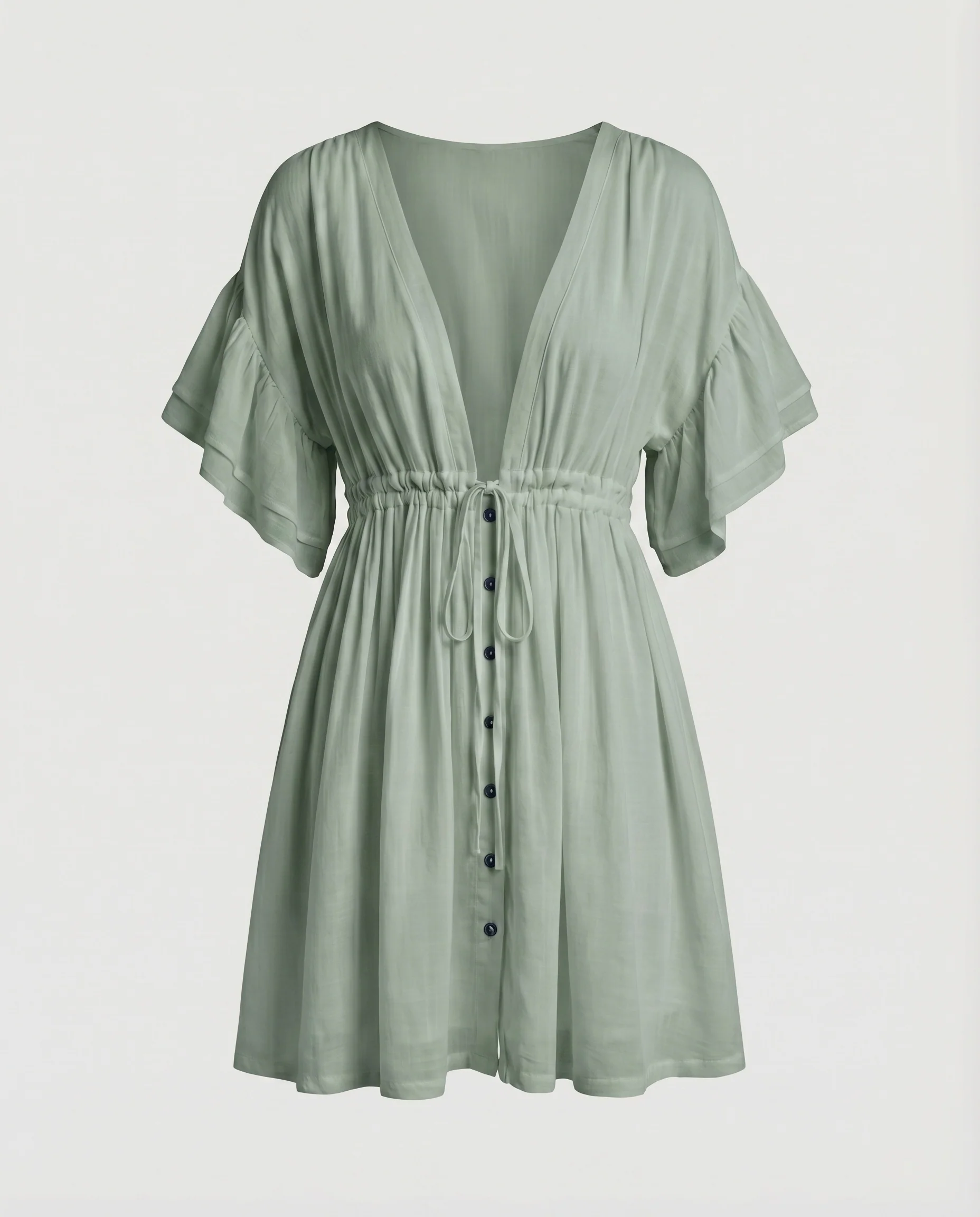 Damen Strandkleid V-Ausschnitt Volantärmel Kordelzug - Image 8