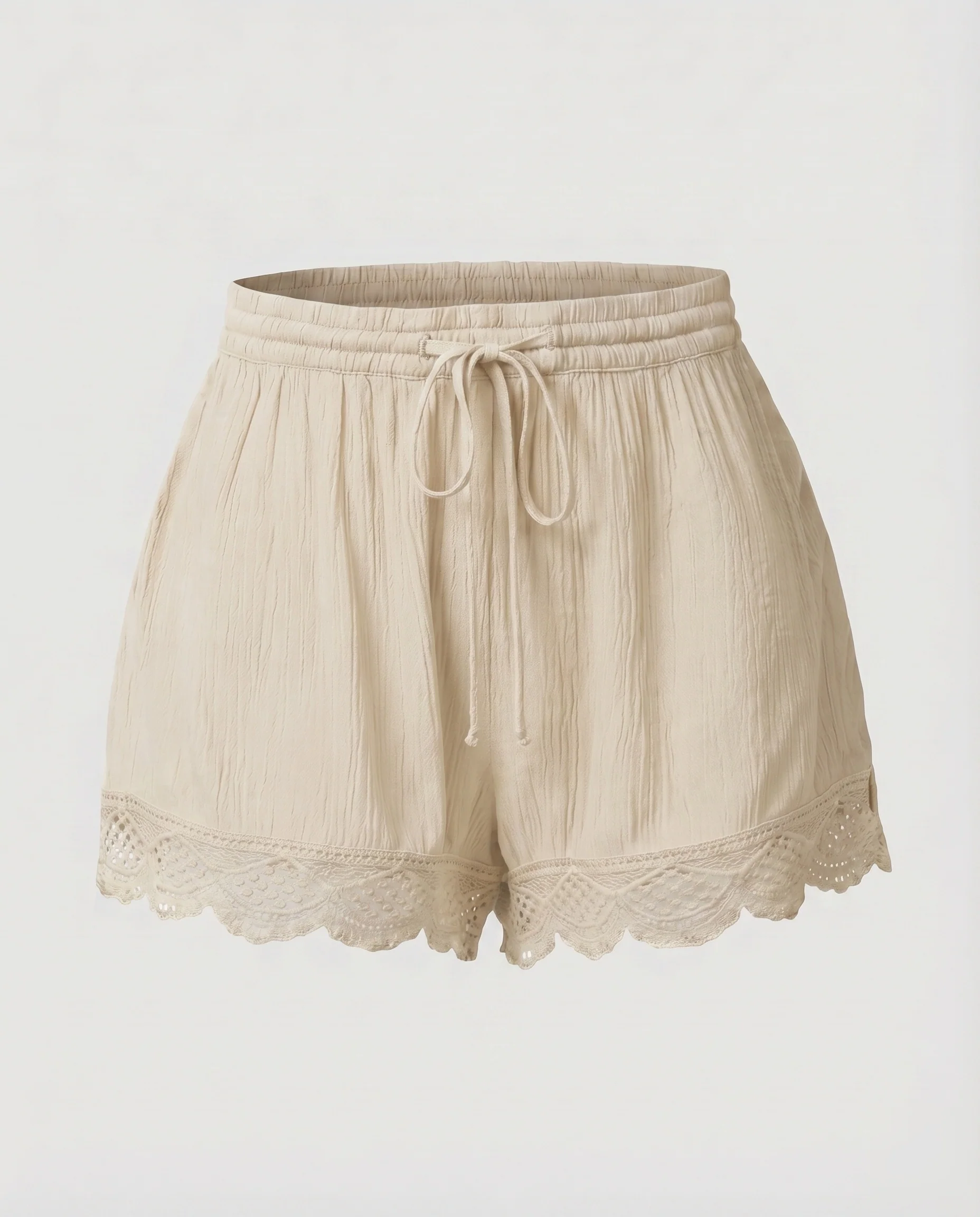 Damen Baumwollgaze-Shorts Tunnelzugbund Gehäkelter Saum Luftig - Image 10