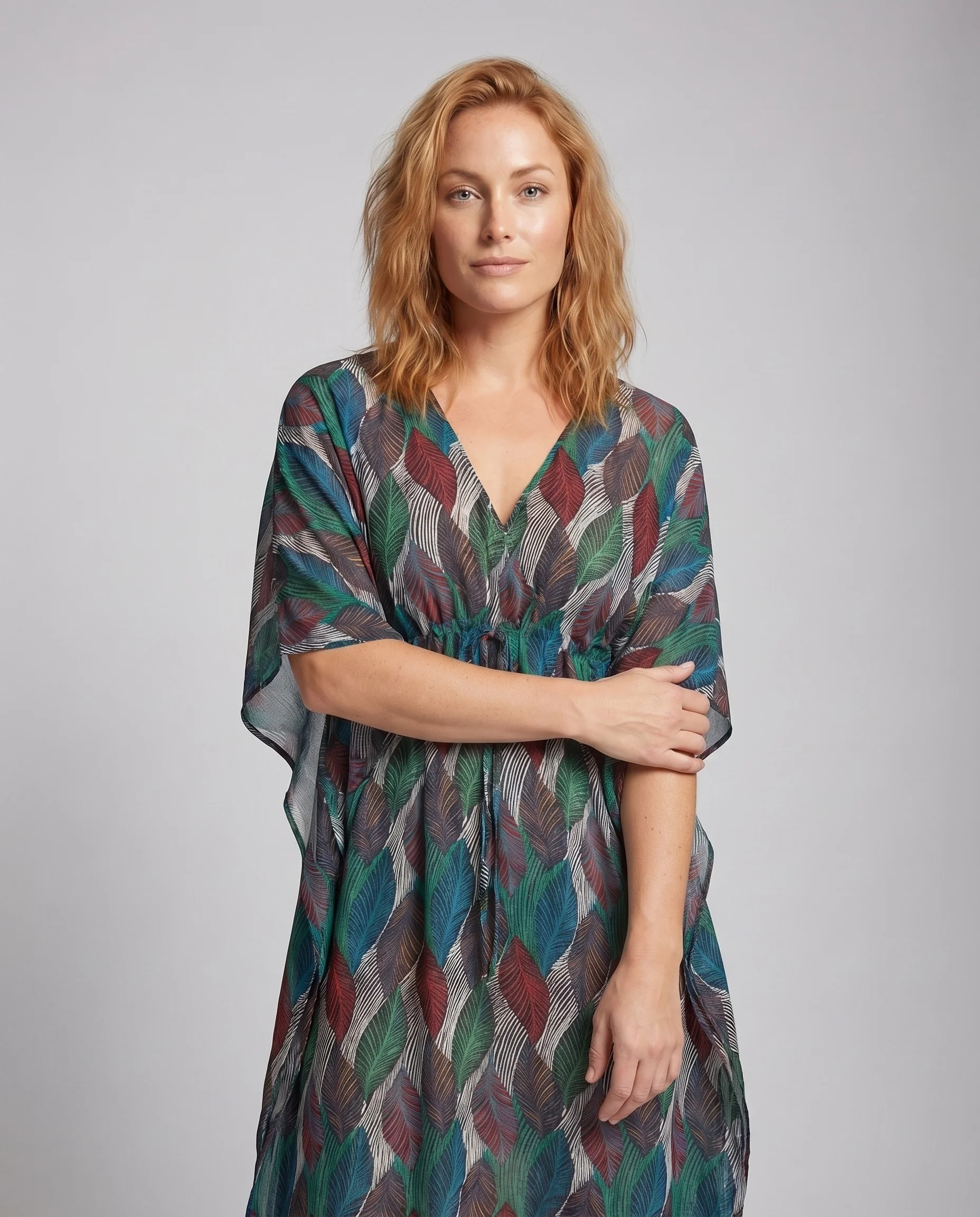 Damen Chiffon-Kaftan Maxikleid Blätterprint V-Ausschnitt - Image 2