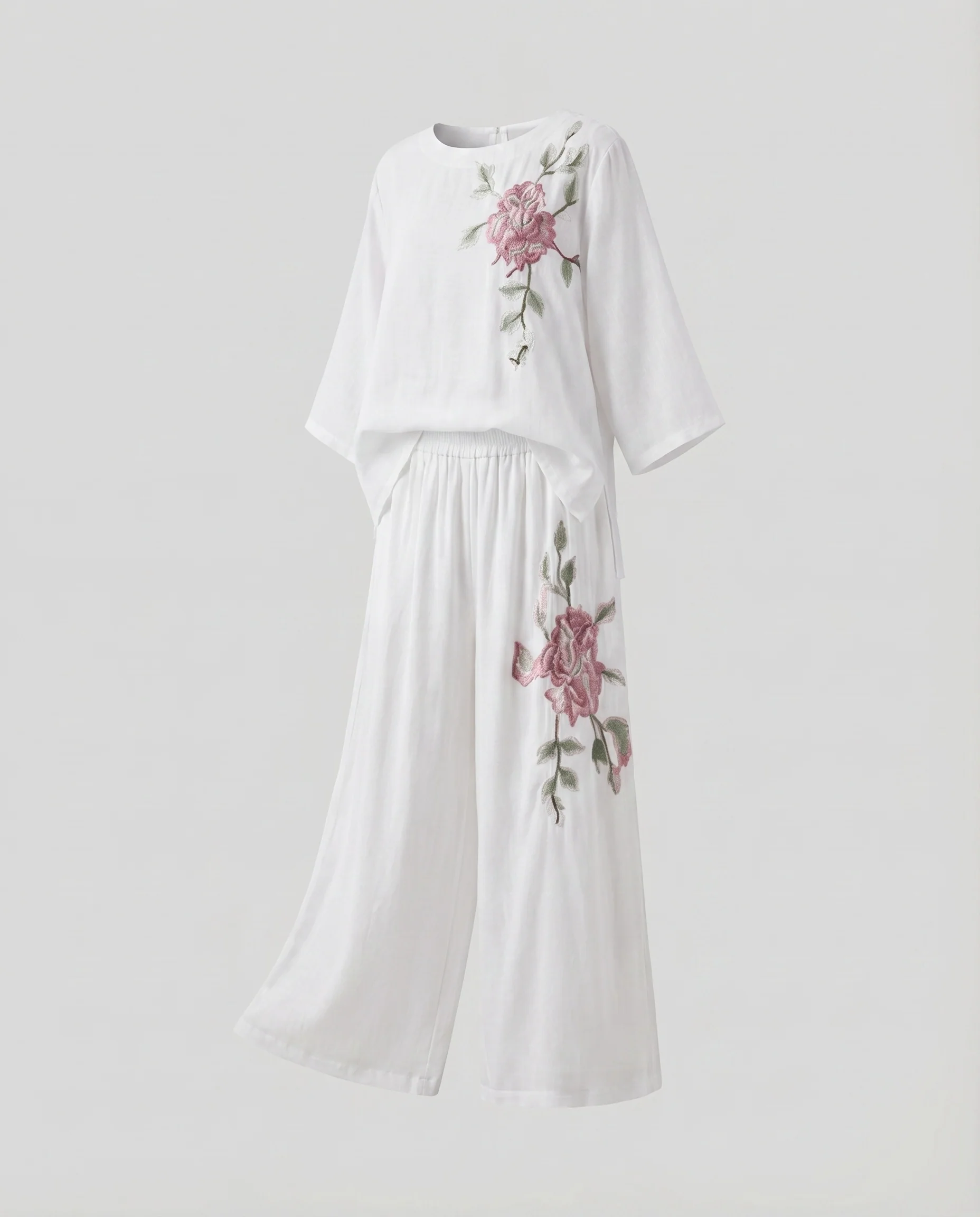 Damen Freizeitanzug Weite Hosenbeine Florale Stickerei Zweiteilig - Image 7