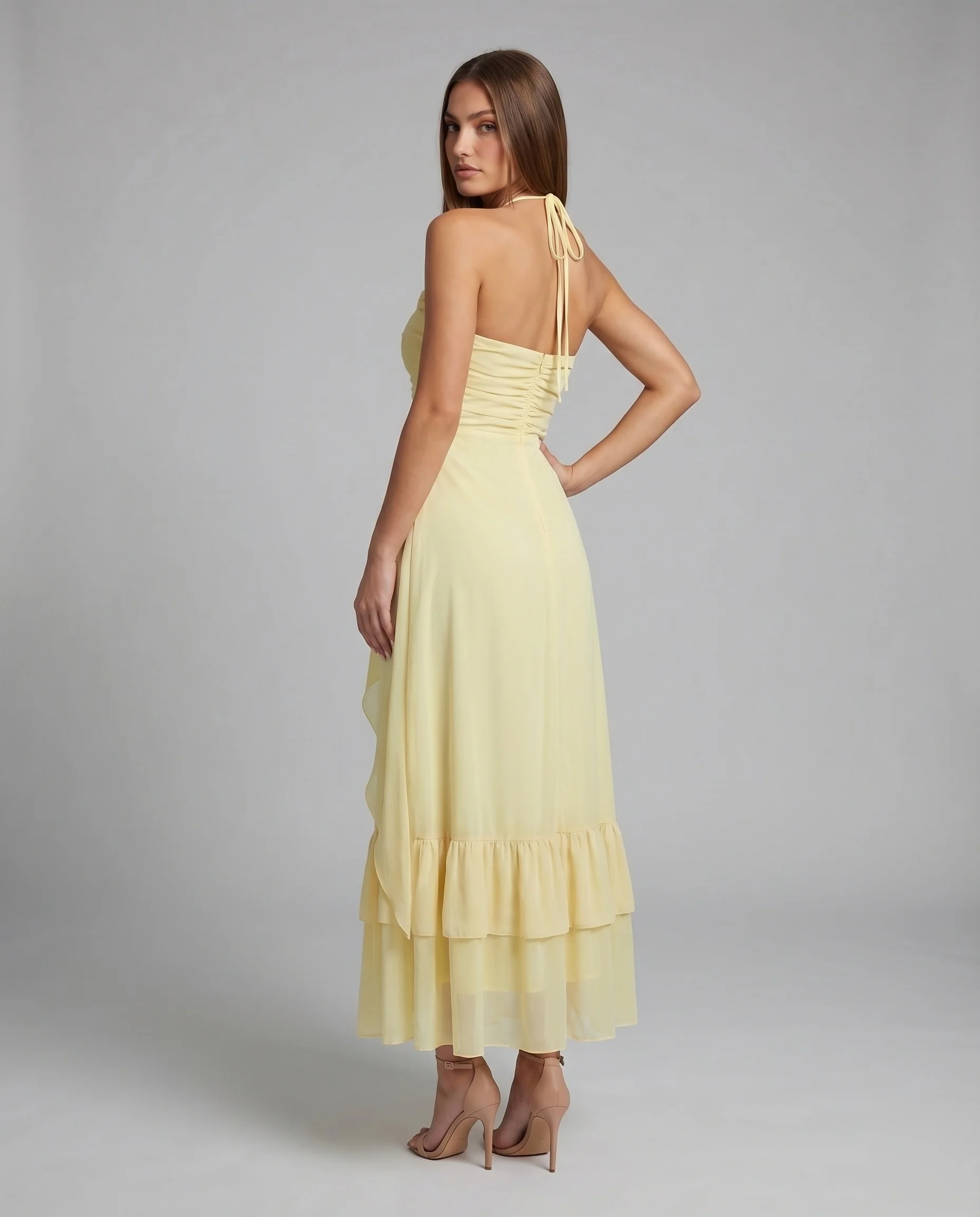 Damen Chiffon-Halterkleid Stufenrock Blütenapplikation Luftig - Image 4