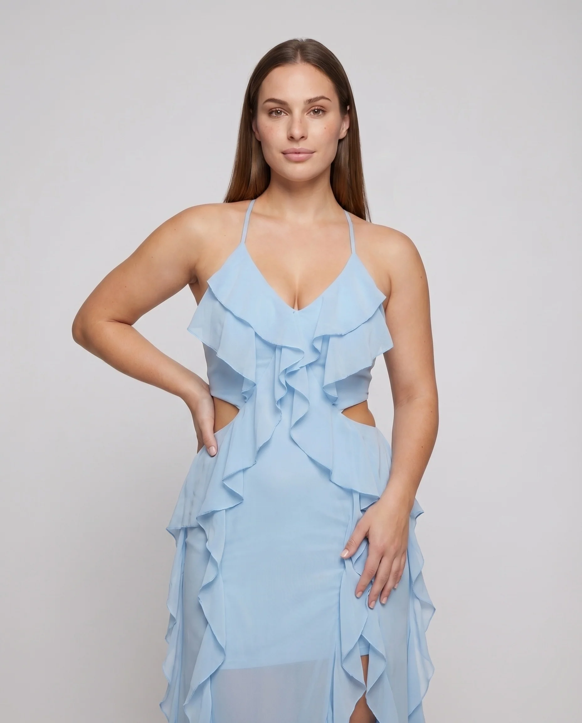 Damen Chiffon-Maxikleid Rüschendrapierung Beinschlitz Cutouts - Image 2