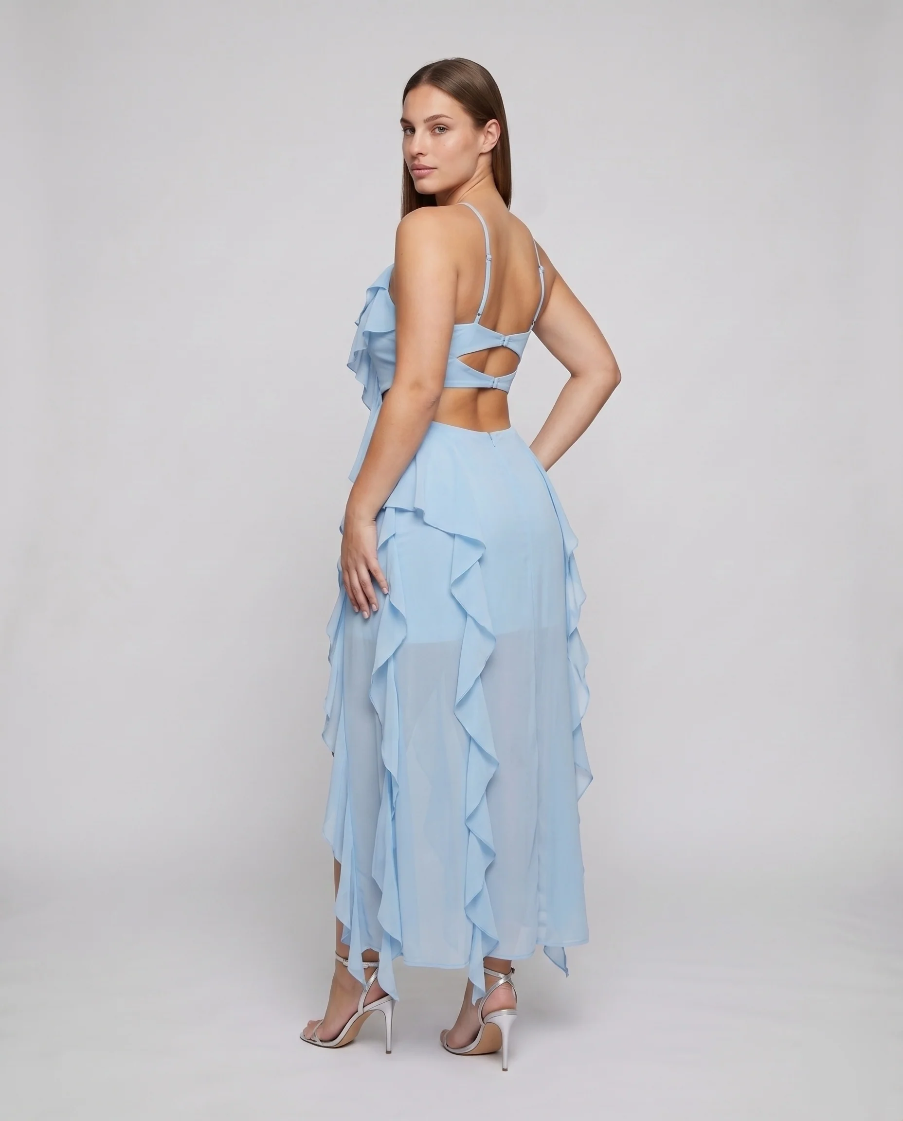 Damen Chiffon-Maxikleid Rüschendrapierung Beinschlitz Cutouts - Image 4