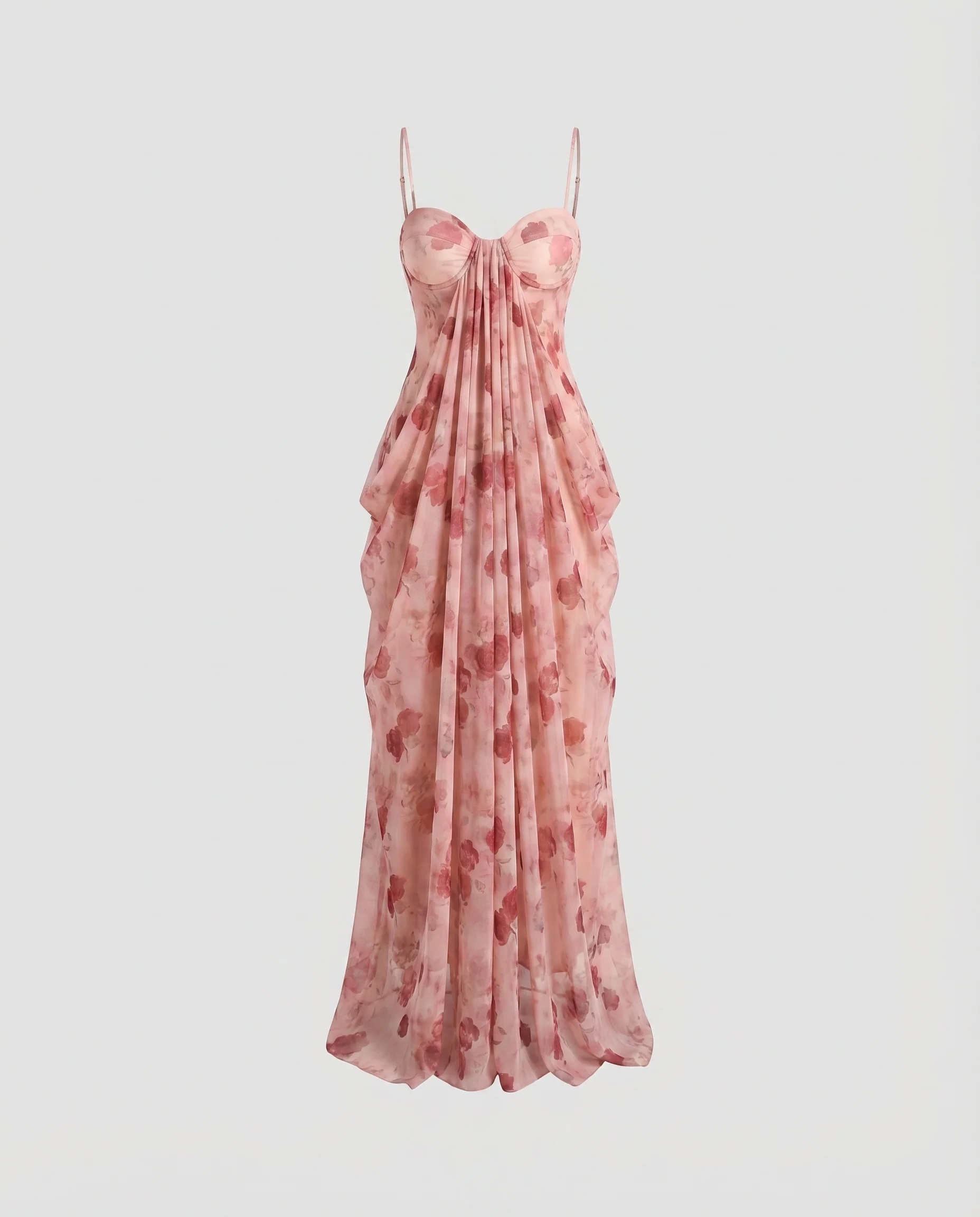 Damen Chiffon-Maxikleid Corsagenoberteil Florale Transparenz - Image 5