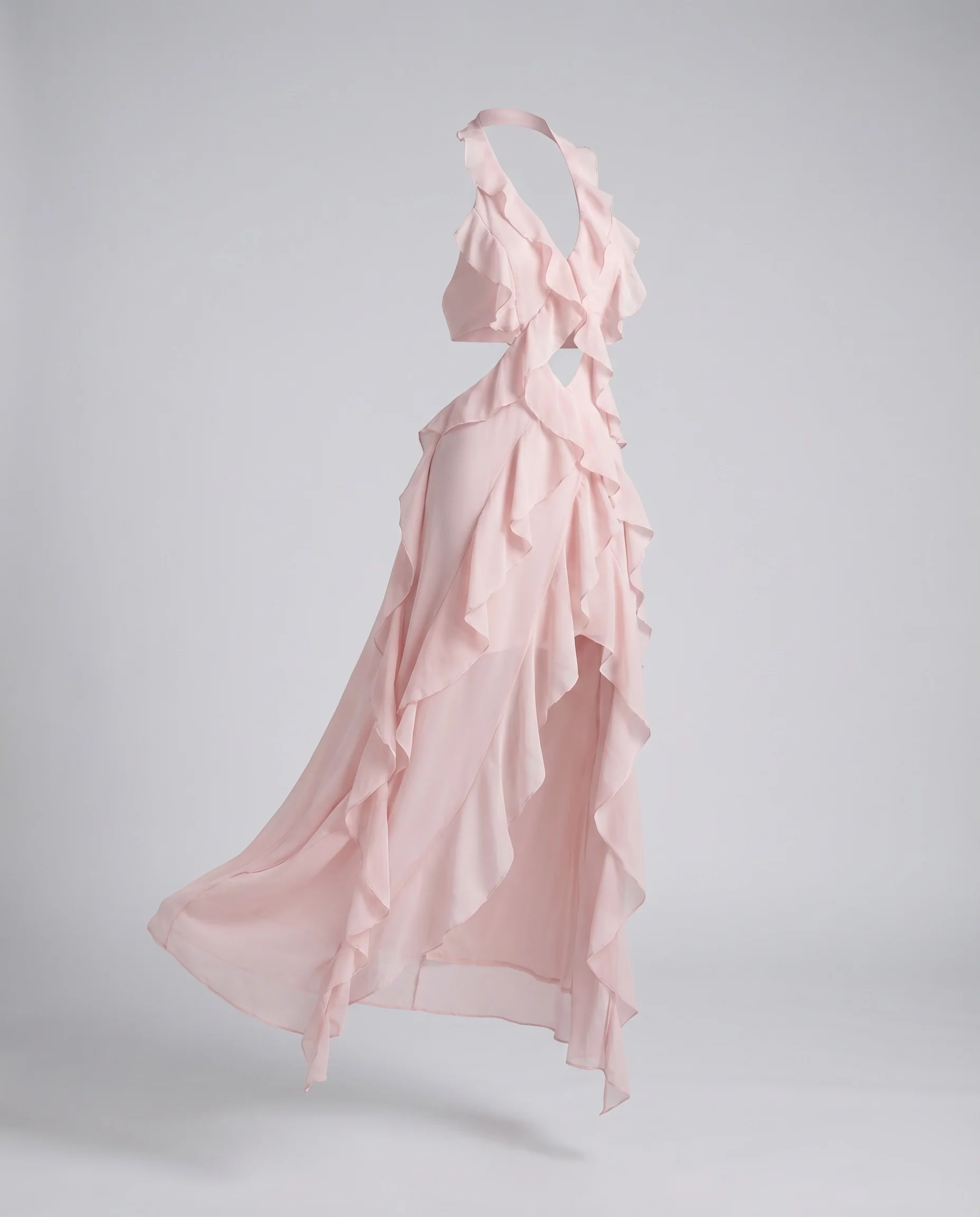 Damen Chiffonmaxikleid Volants Rückenfrei Neckholder - Image 5
