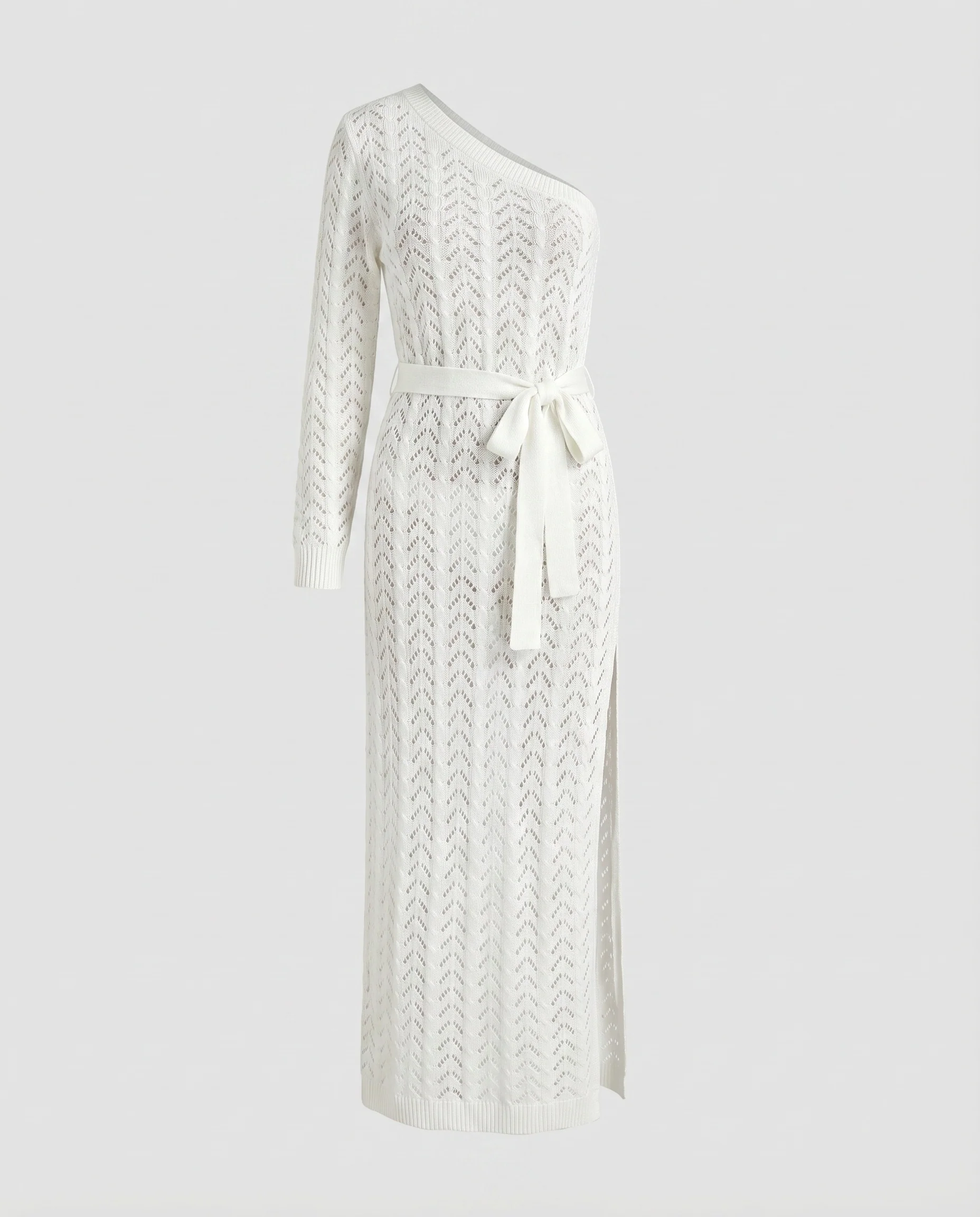 Damen Häkel-Maxikleid Ein-Schulter Beinschlitz Gürtel - Image 3