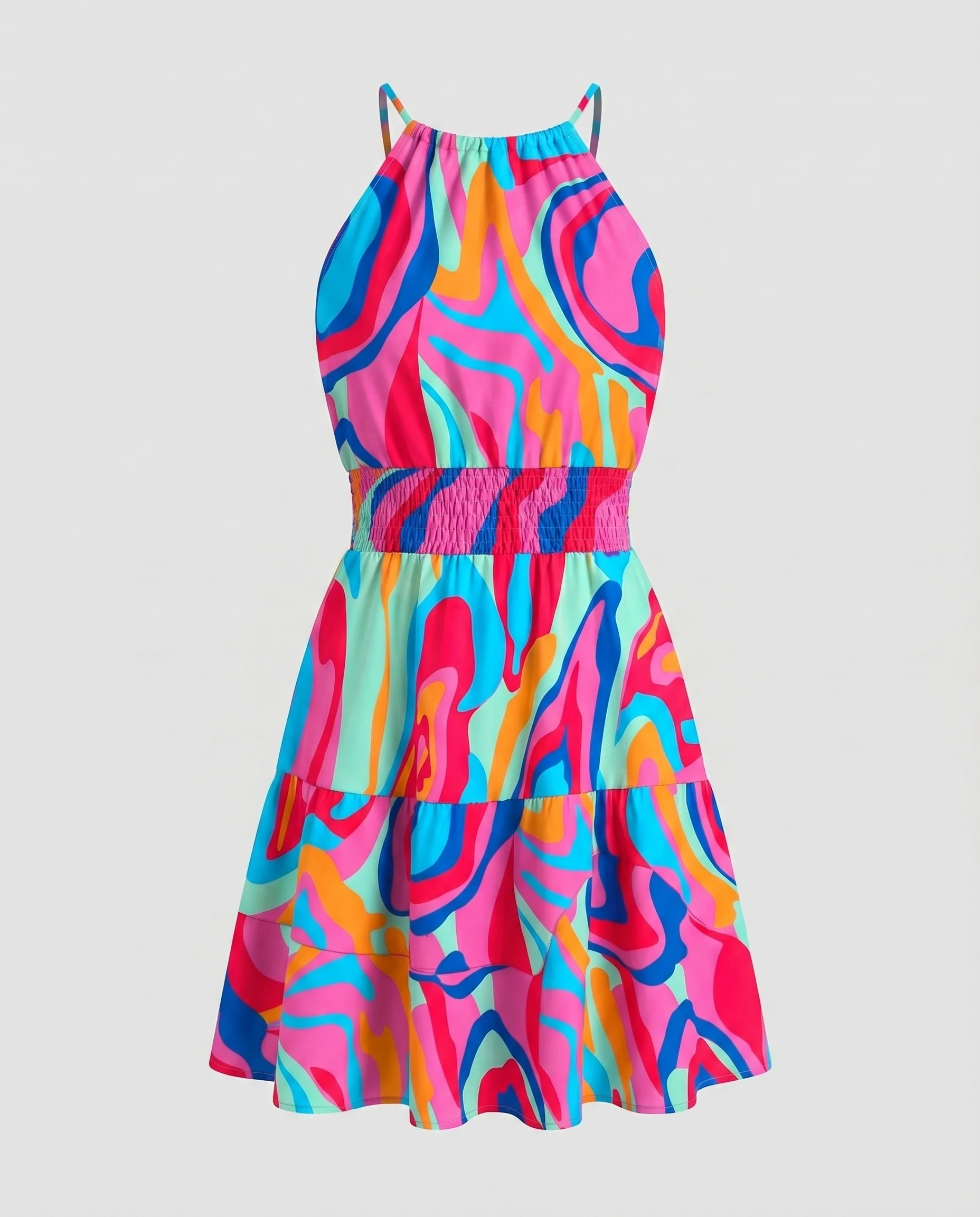 Damen Halterkragen-Swingkleid Geraffte Halslinie Smok-Taille A-Linie - Image 8