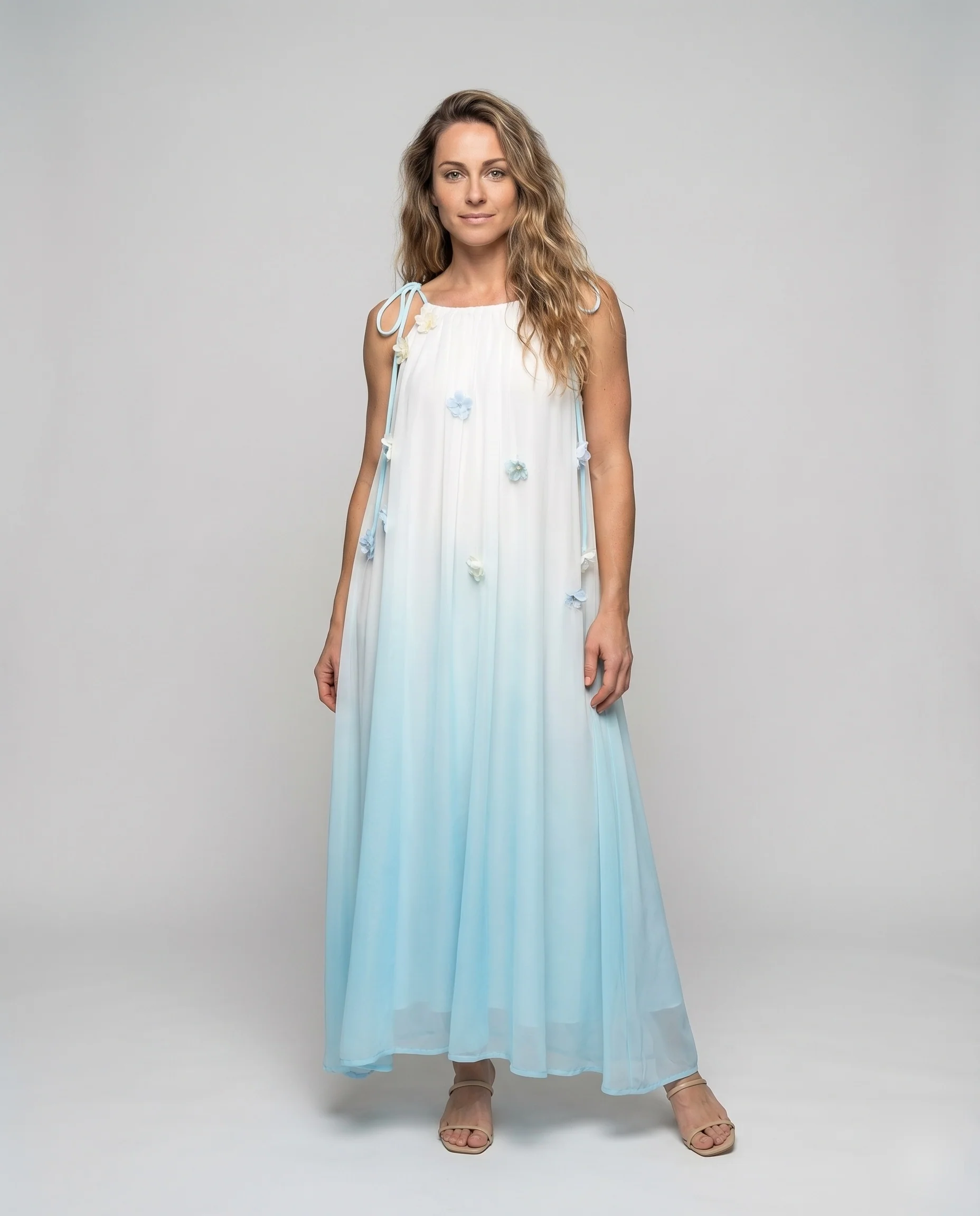 Damen Lagenkleid Blütenapplikationen Transparentes Tülloberteil Luftig