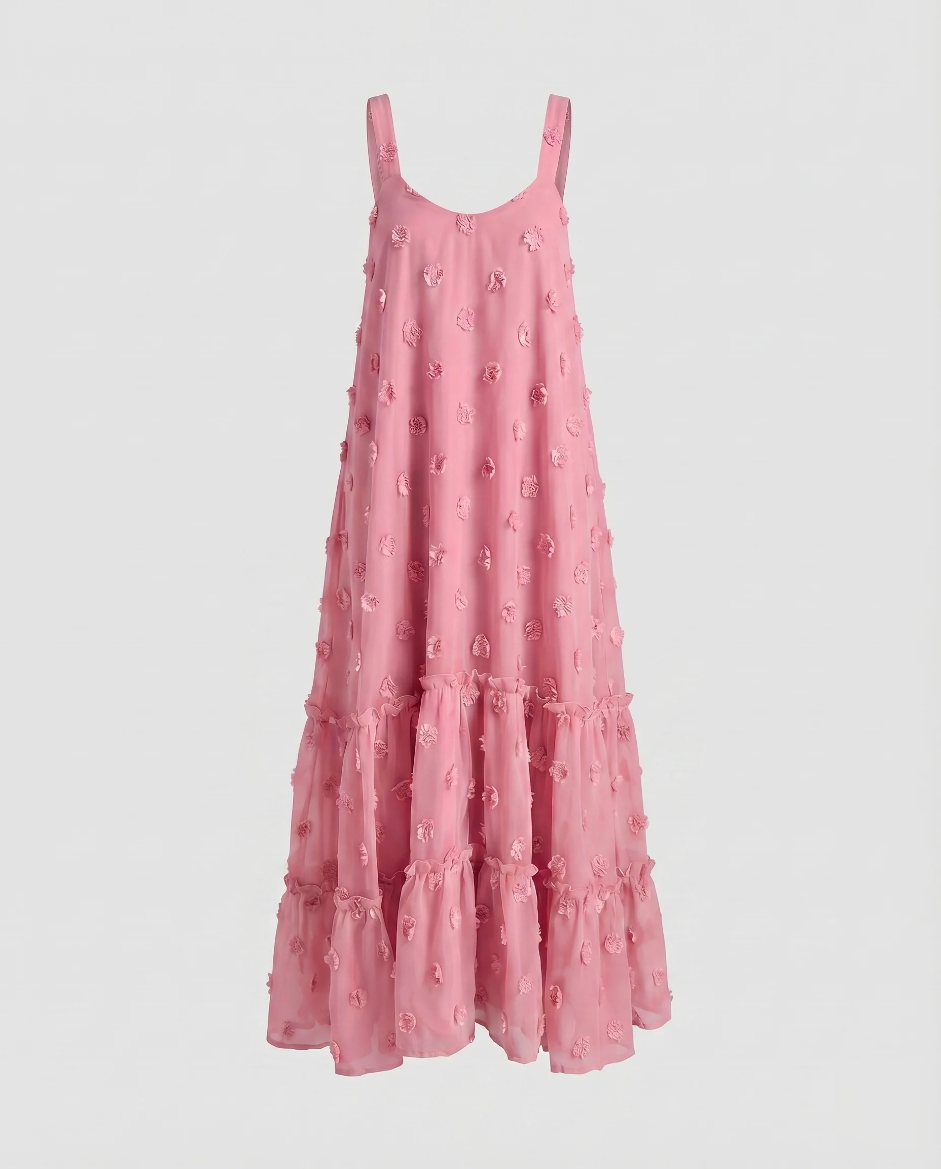 Damen Maxikleid Blütenapplikationen Stufenvolant Geraffte Träger - Image 8