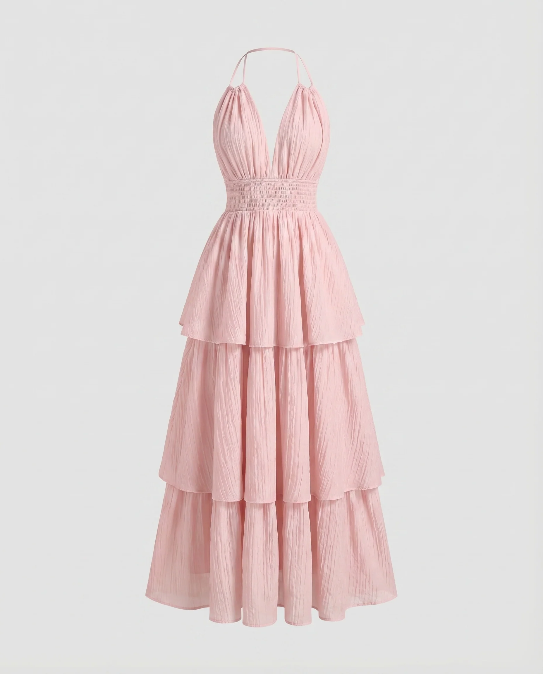 Damen Maxikleid Geraffter Taillenbund Stufenrock Halterhals - Image 5