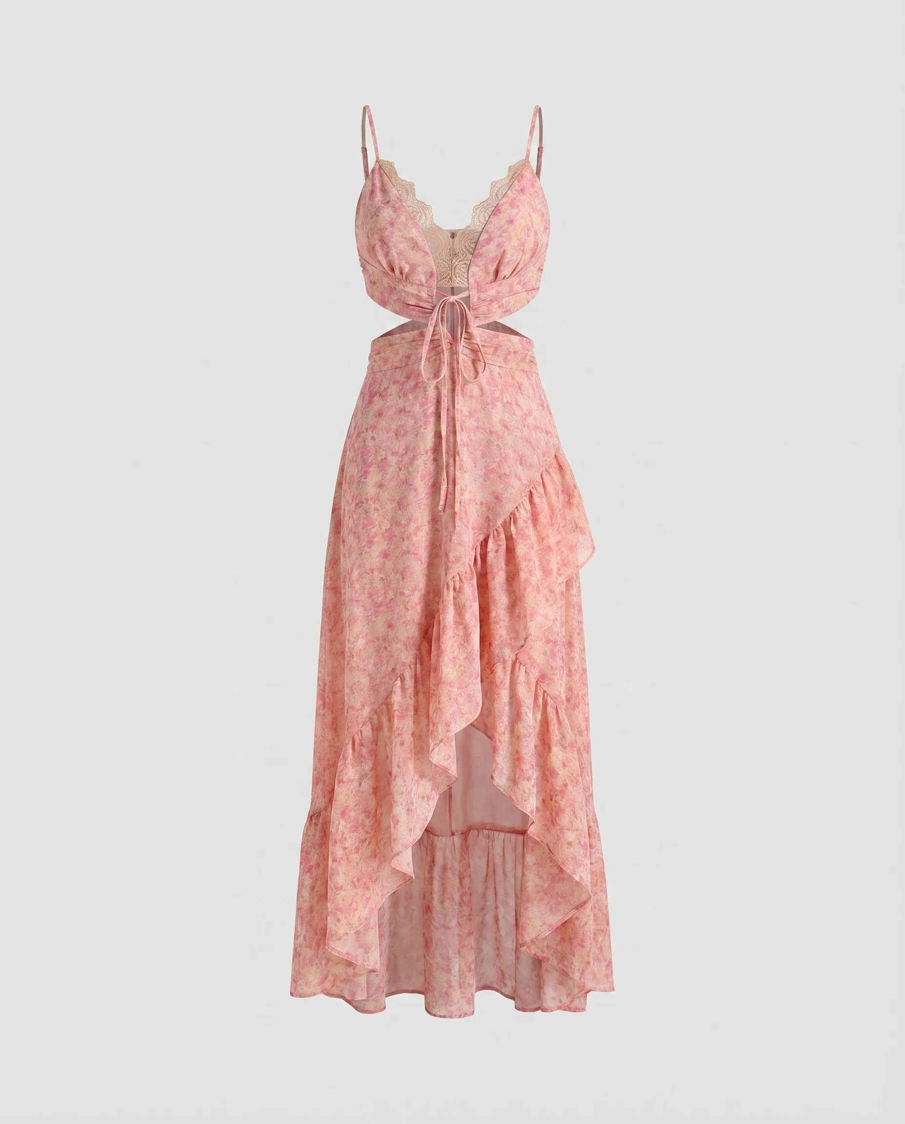 Damen Maxikleid Wickeltaille Volantstufen Spitzenbesatz - Image 5