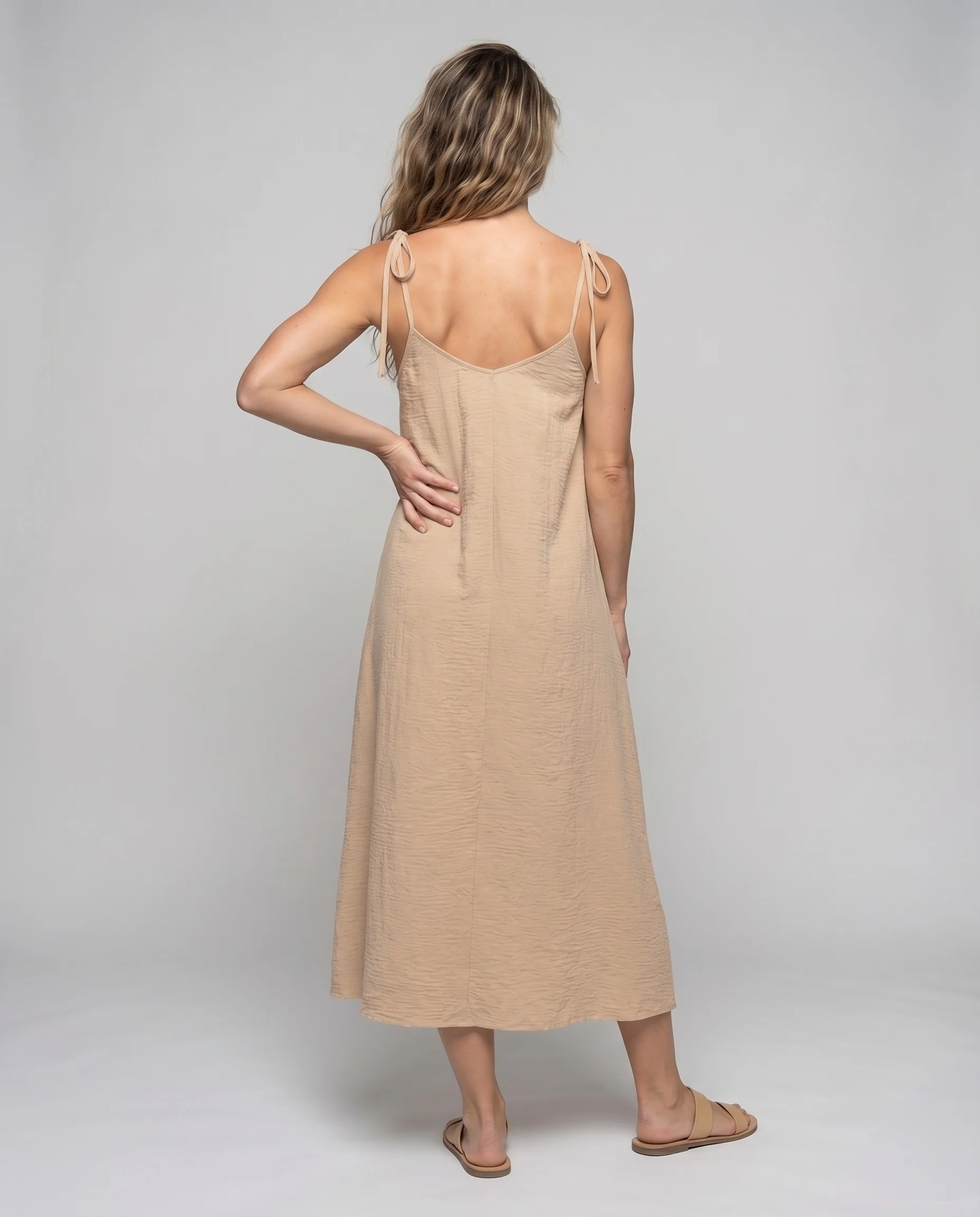 Damen Maxikleid Bindeträger Geraffter Rundhals A-Linie - Image 4
