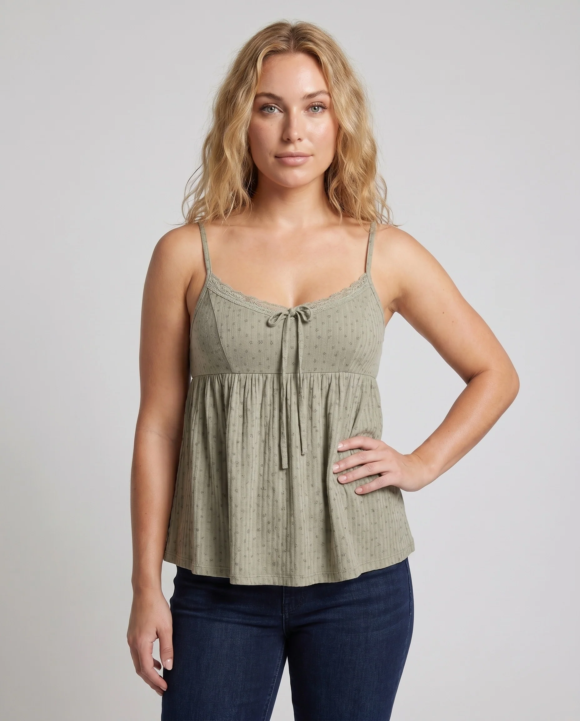 Damen nan luftiges Strickcami mit Unterbrustnaht, geraffter Taille und plissiertem Saum - Image 2