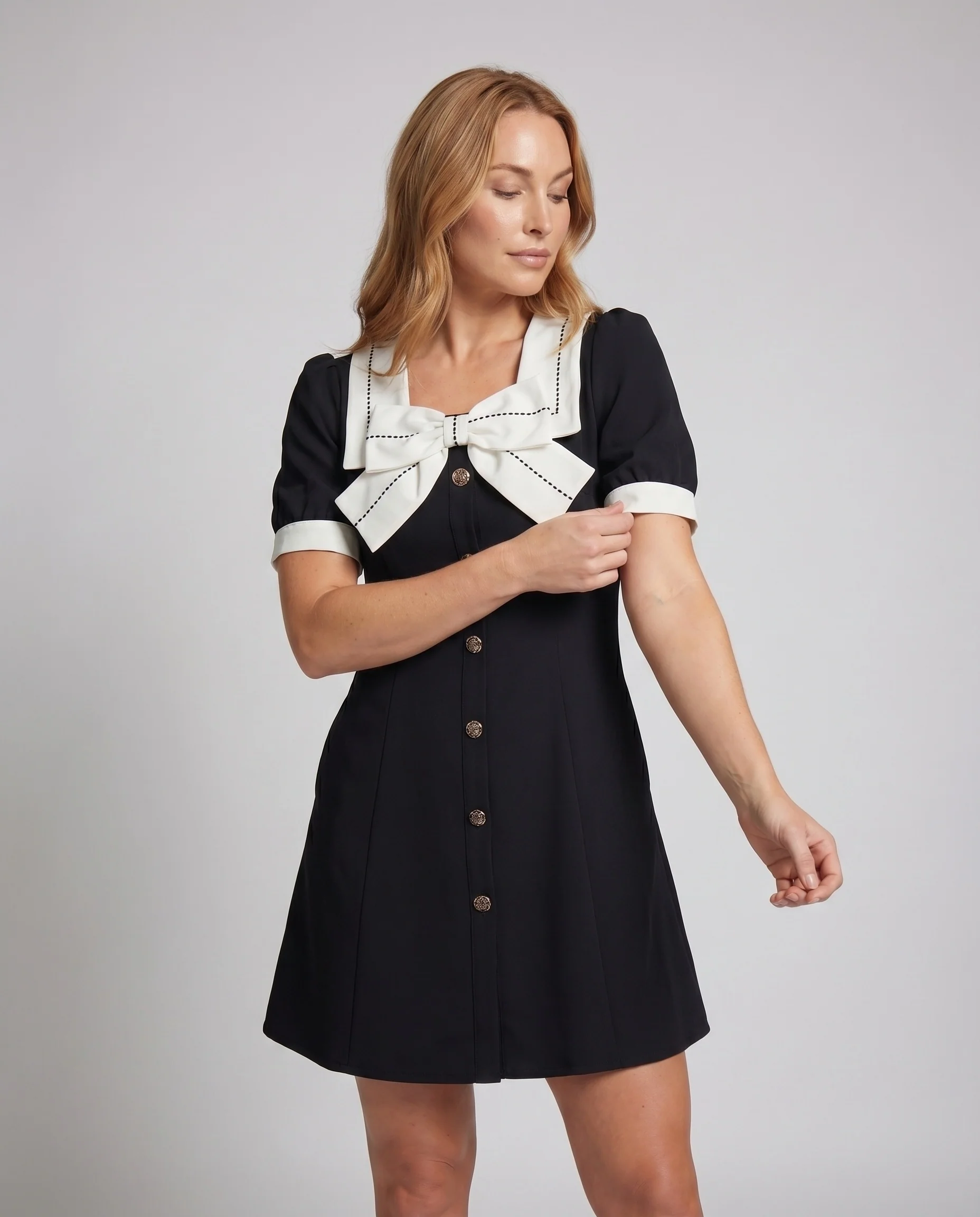 Damen Matrosen-Kurzkleid Übergroßer Kragen Puffärmel Zierknopfleiste - Image 2