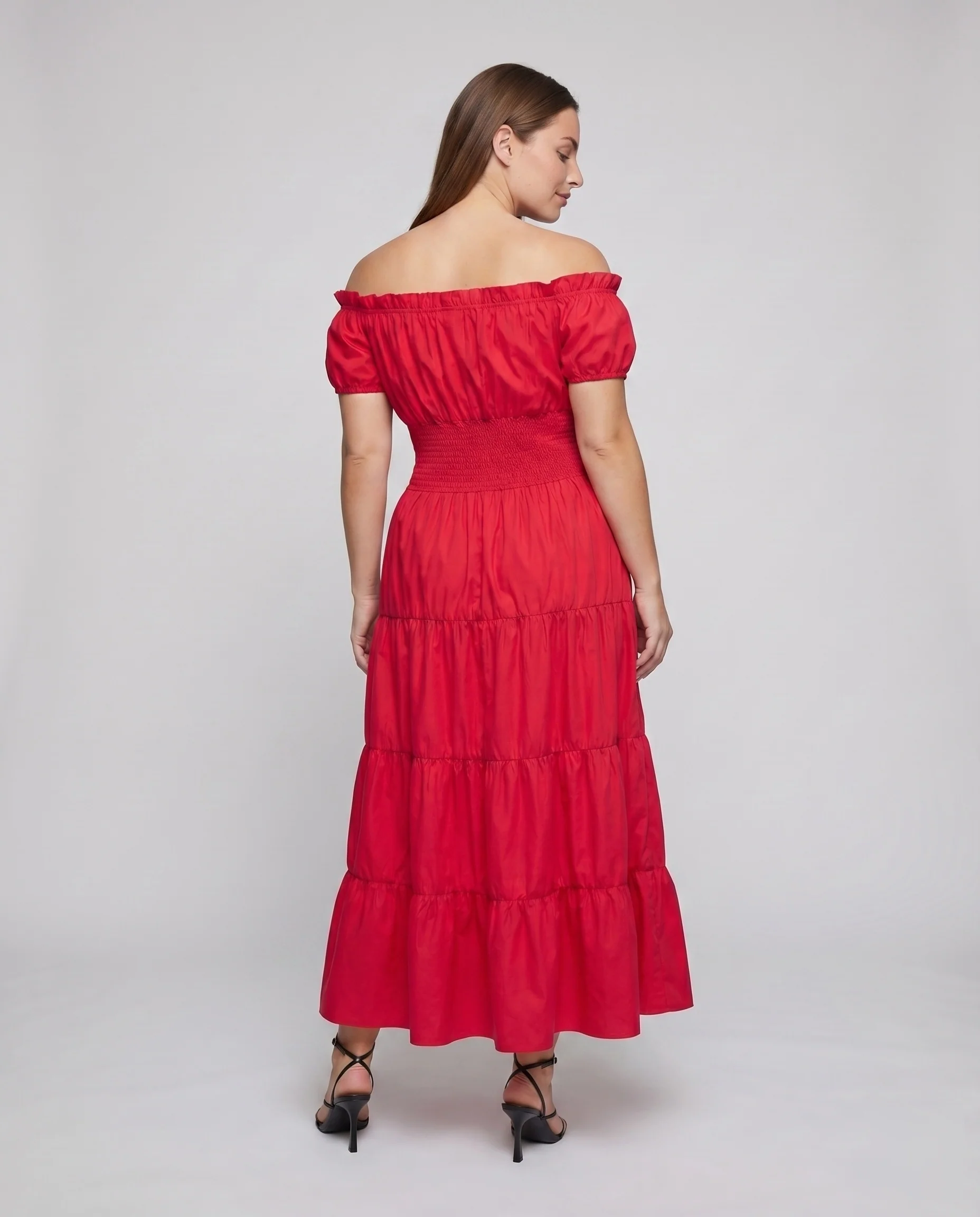 Damen Maxikleid Smokbund Stufenrock Carmen-Ausschnitt - Image 4