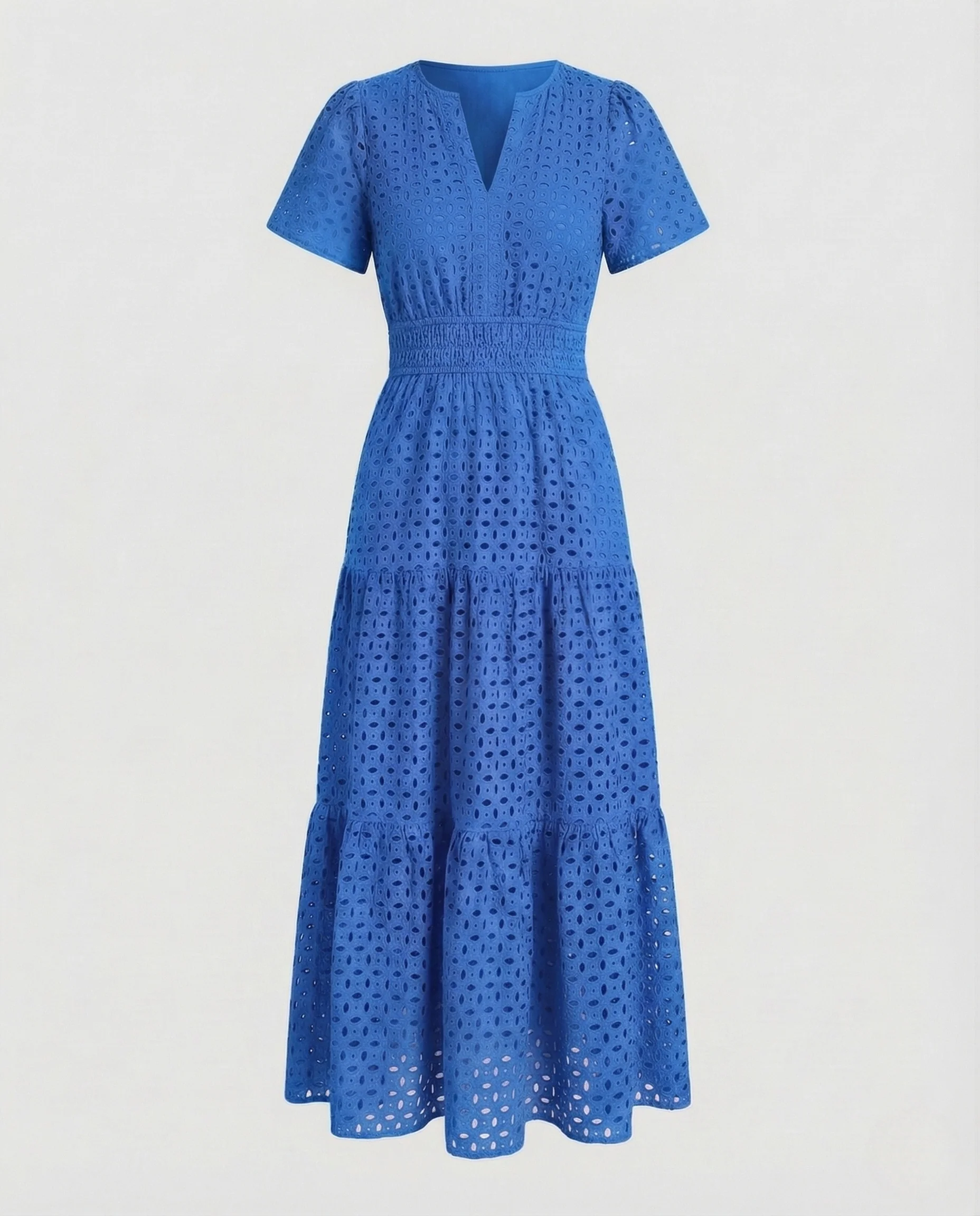 Damen Maxikleid Lochstickerei Kurzarm Stufenrock - Image 10