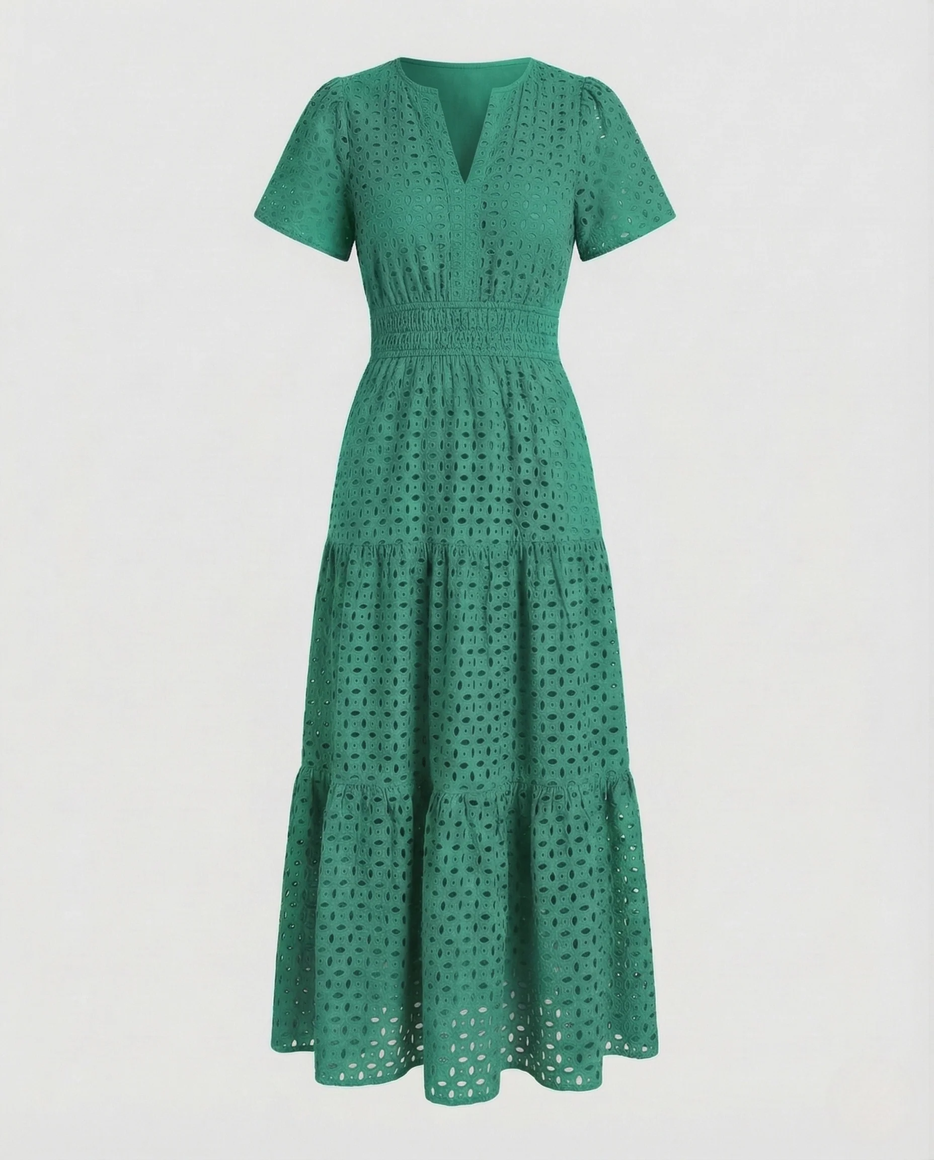 Damen Maxikleid Lochstickerei Kurzarm Stufenrock - Image 5