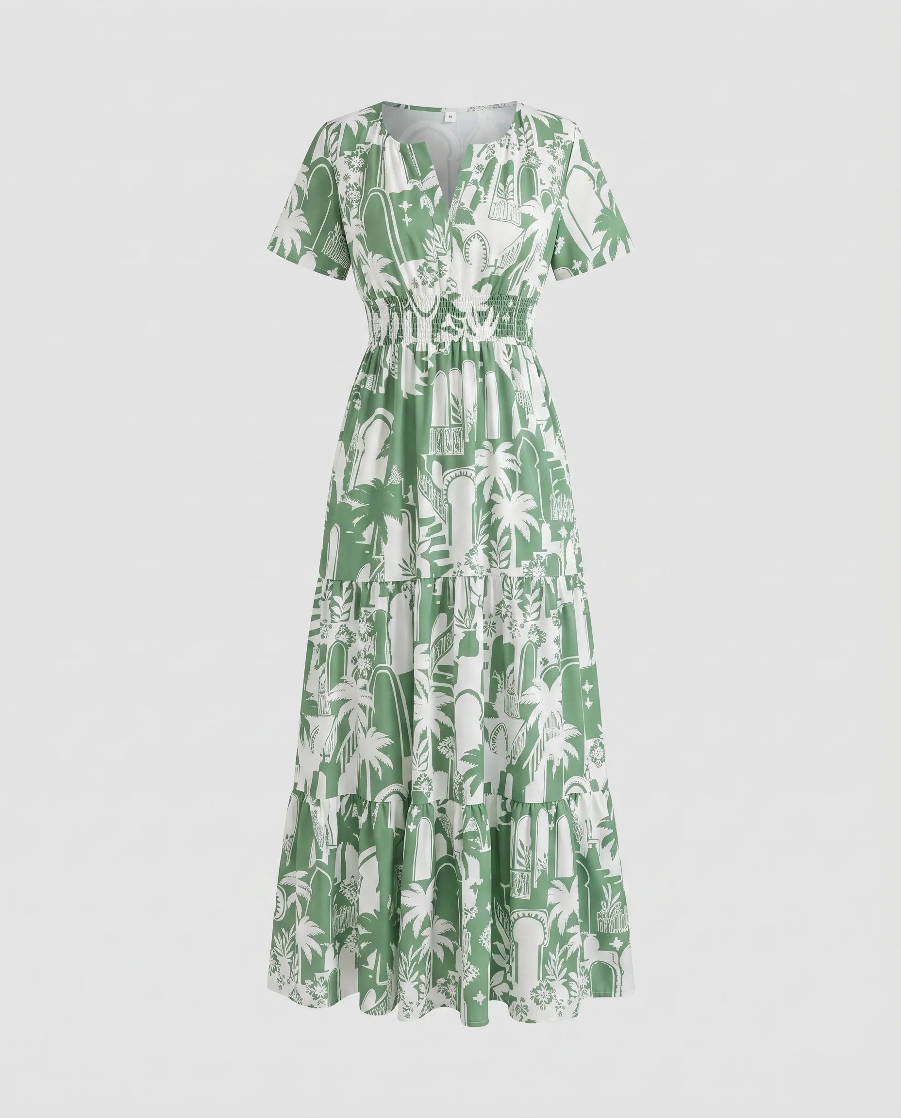 Damen Maxikleid Palmen-Print Stufenvolantrock V-Ausschnitt - Image 5
