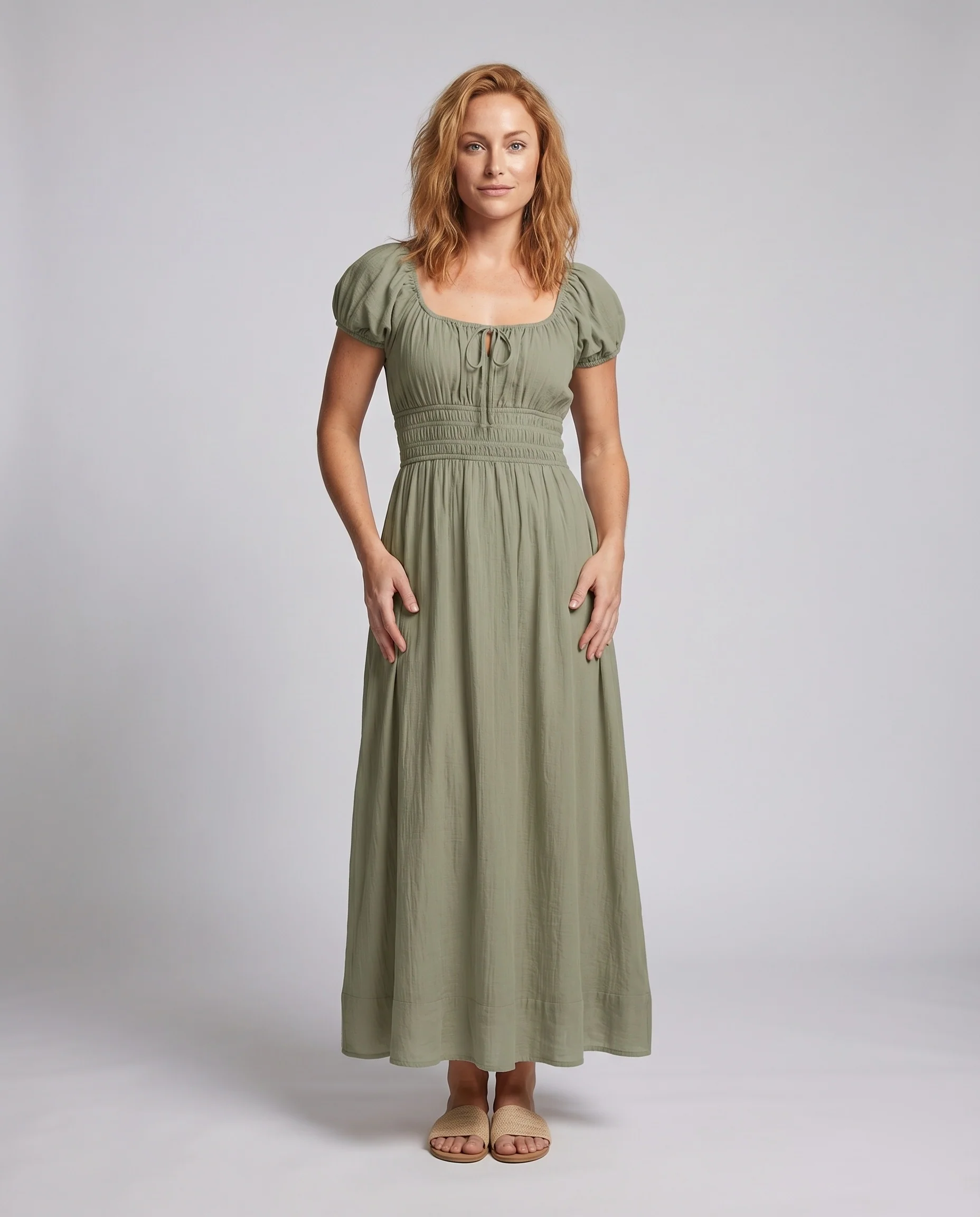 Damen Maxikleid Puffärmel Empire-Taille Quadratischer Ausschnitt