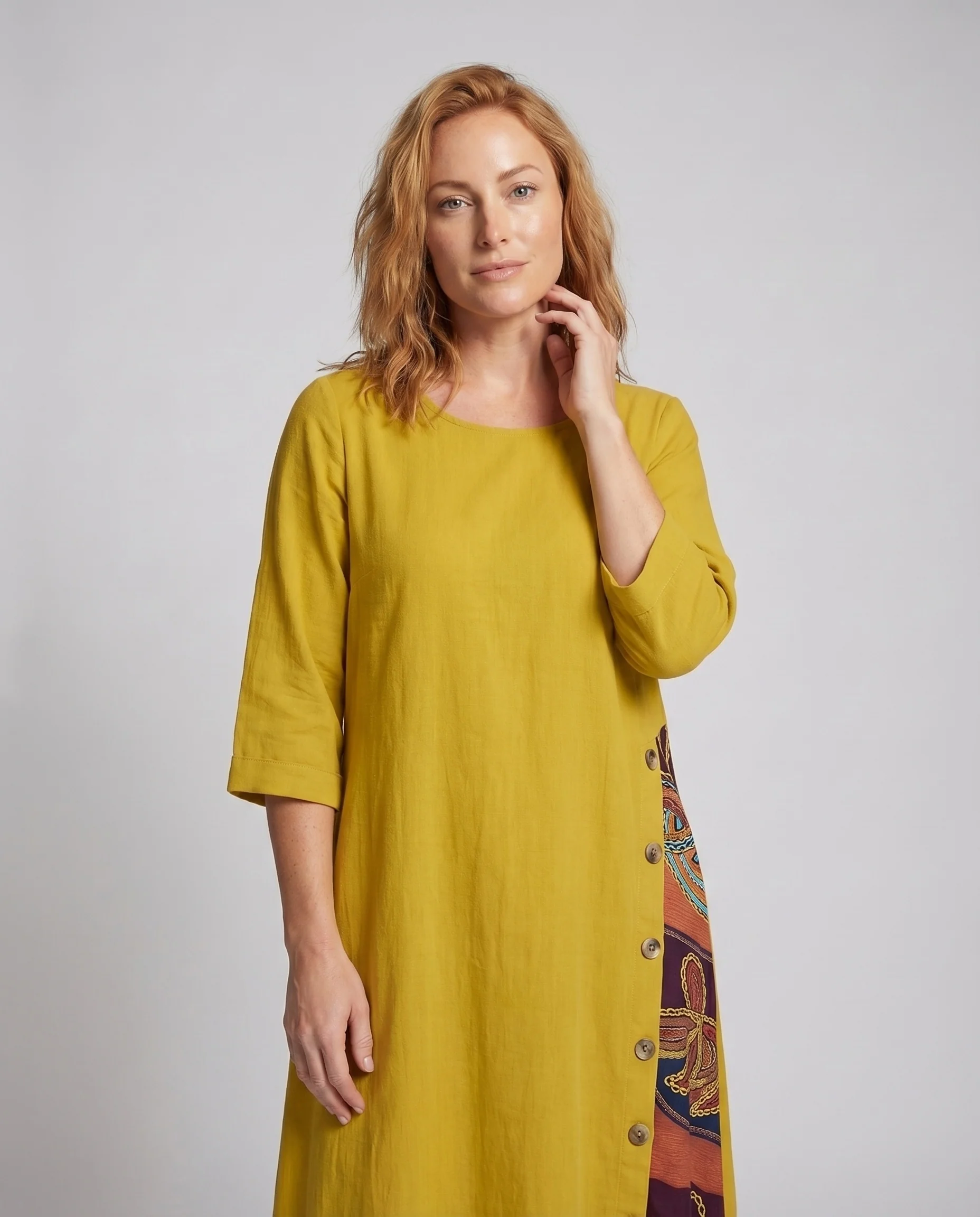 Damen Maxikleid Print-Einsatz Knopfdetail A-Linie - Image 2