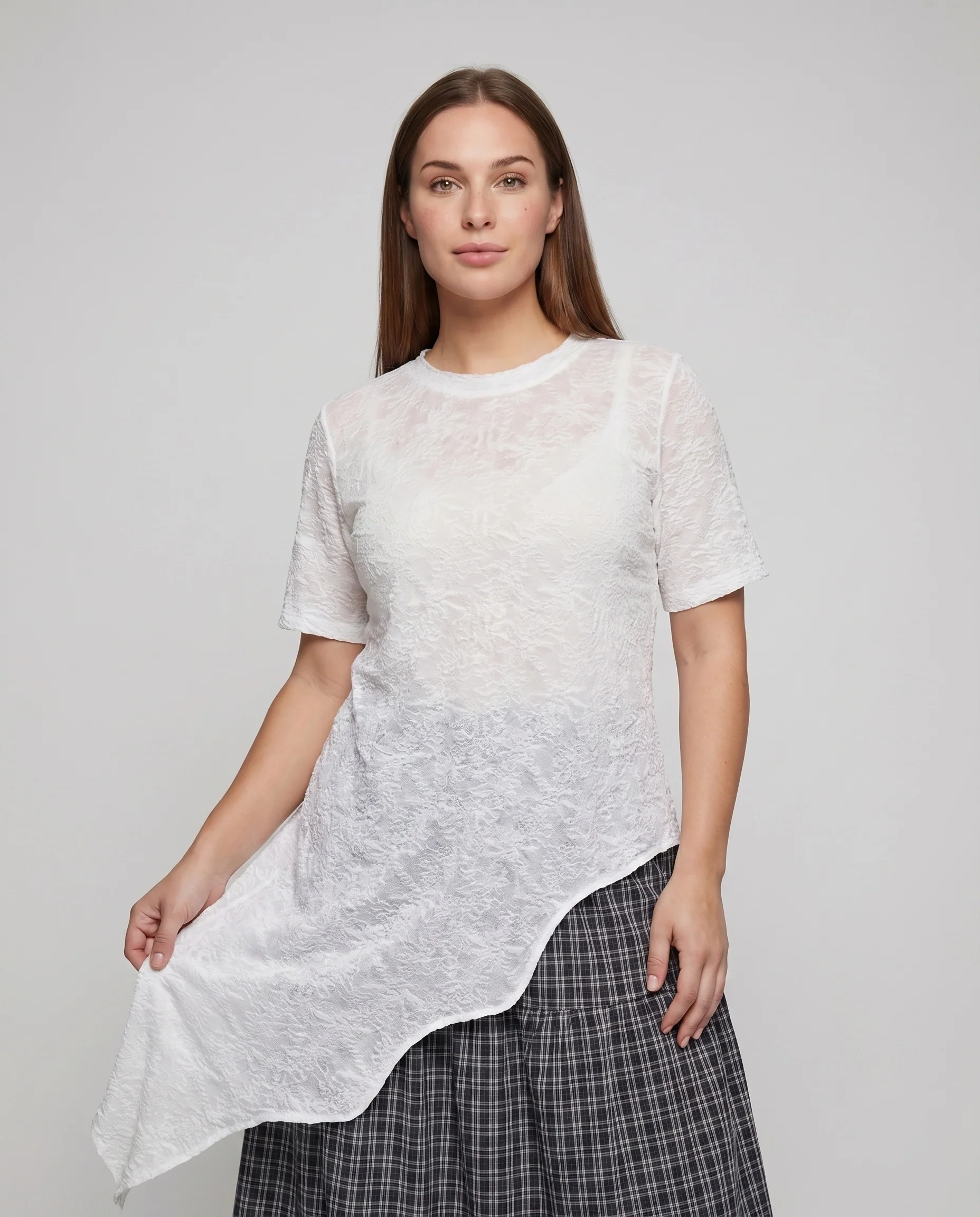 Damen Mehrlagiges Kleid Spitzenüberwurf Karierte Rock-Optik - Image 2