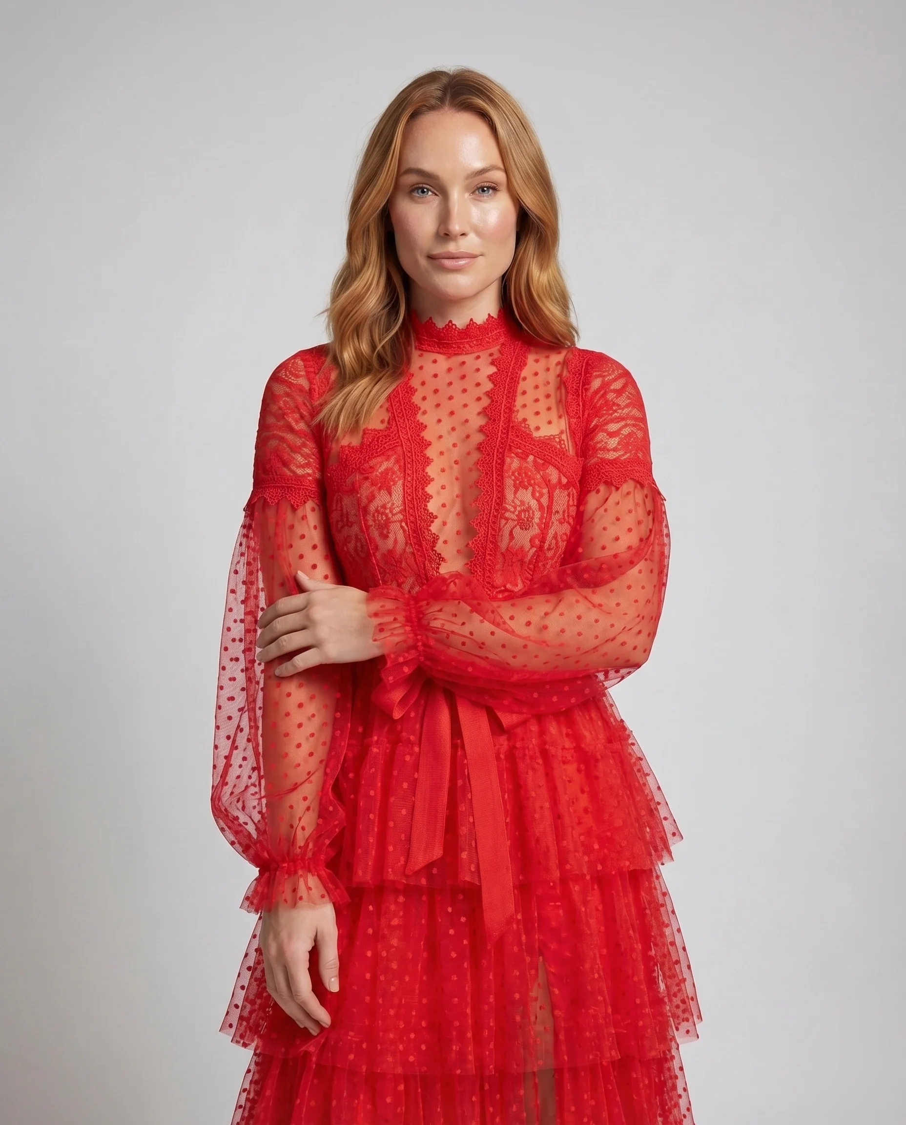 Damen Tüll-Abendkleid Rüschenstufen Puffärmel Beinschlitz - Image 2