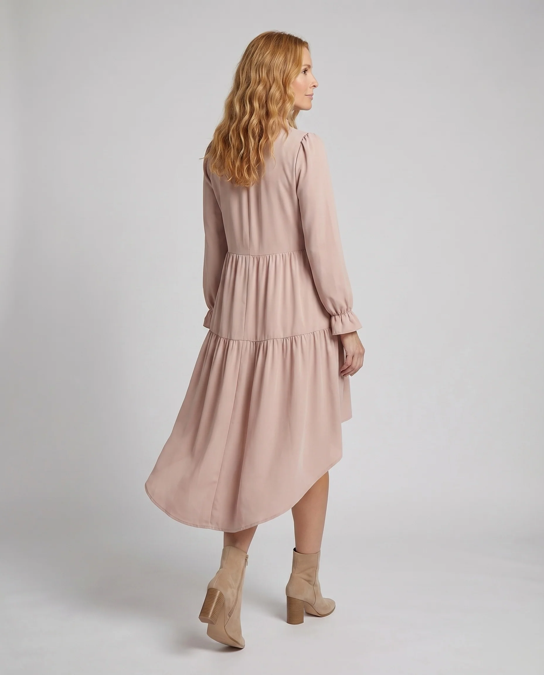 Damen Vokuhila-Kleid Stehkragen Volantstufen Lagen-Optik - Image 4