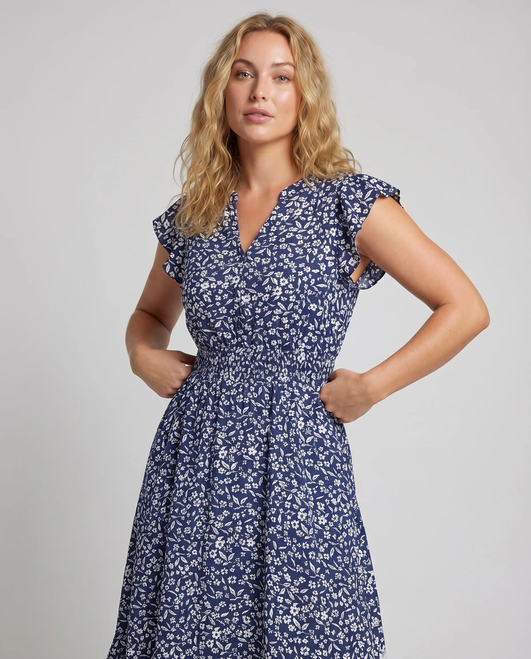 Damen Midikleid Geraffte Taillenpasse Rüschenärmel V-Ausschnitt - Image 2