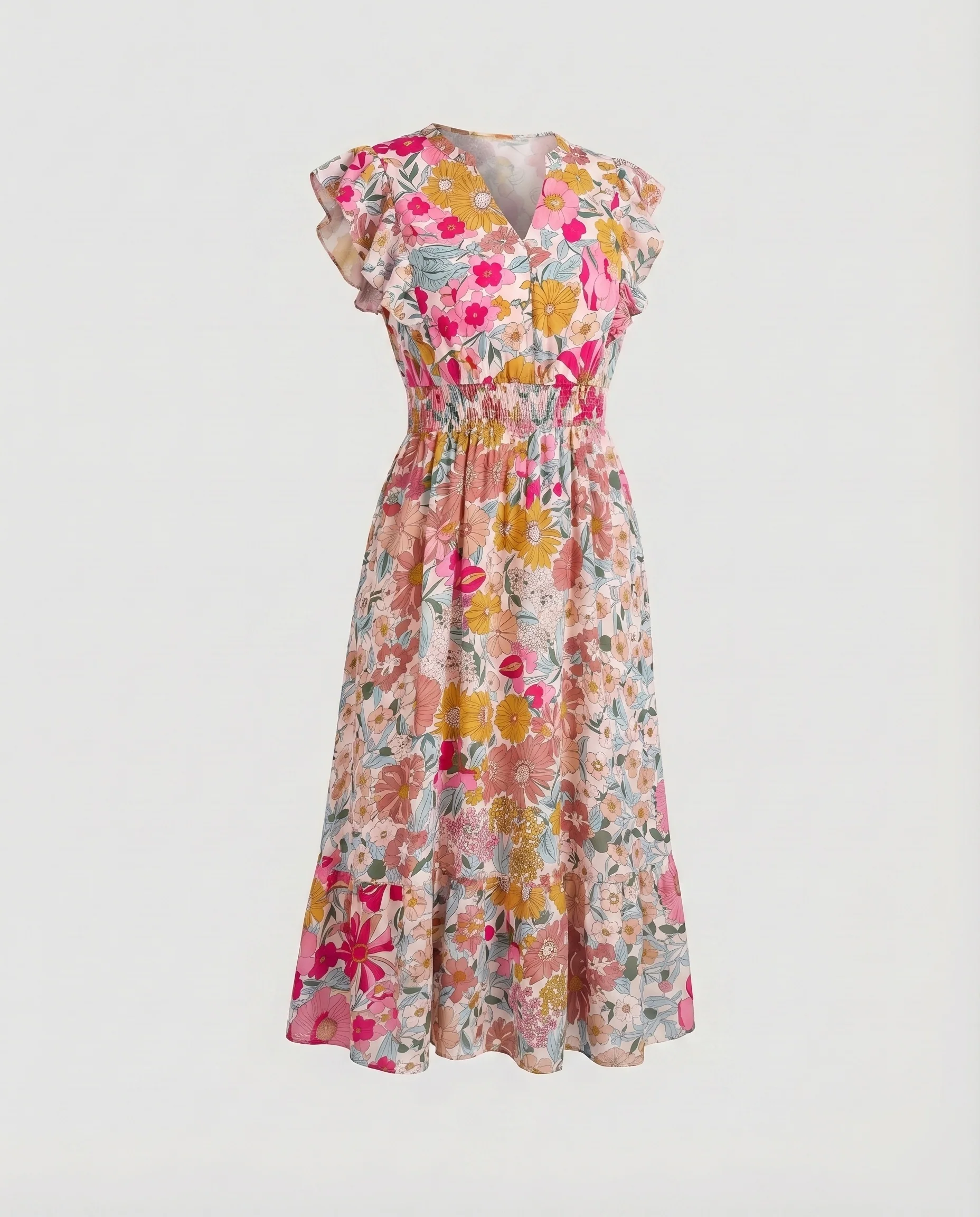 Damen Midikleid Geraffte Taillenpasse Rüschenärmel V-Ausschnitt - Image 7