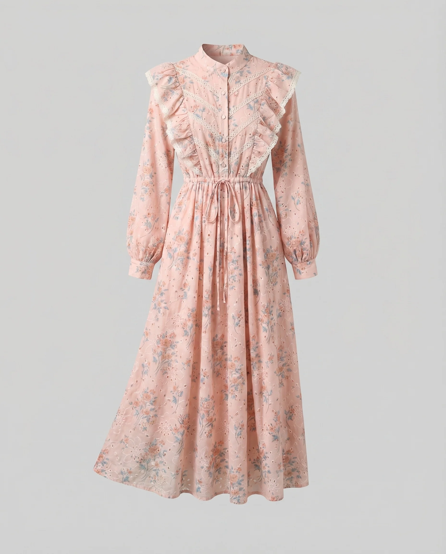 Damen Midikleid Lochstickerei Rüschenkragen Ballonärmel - Image 5