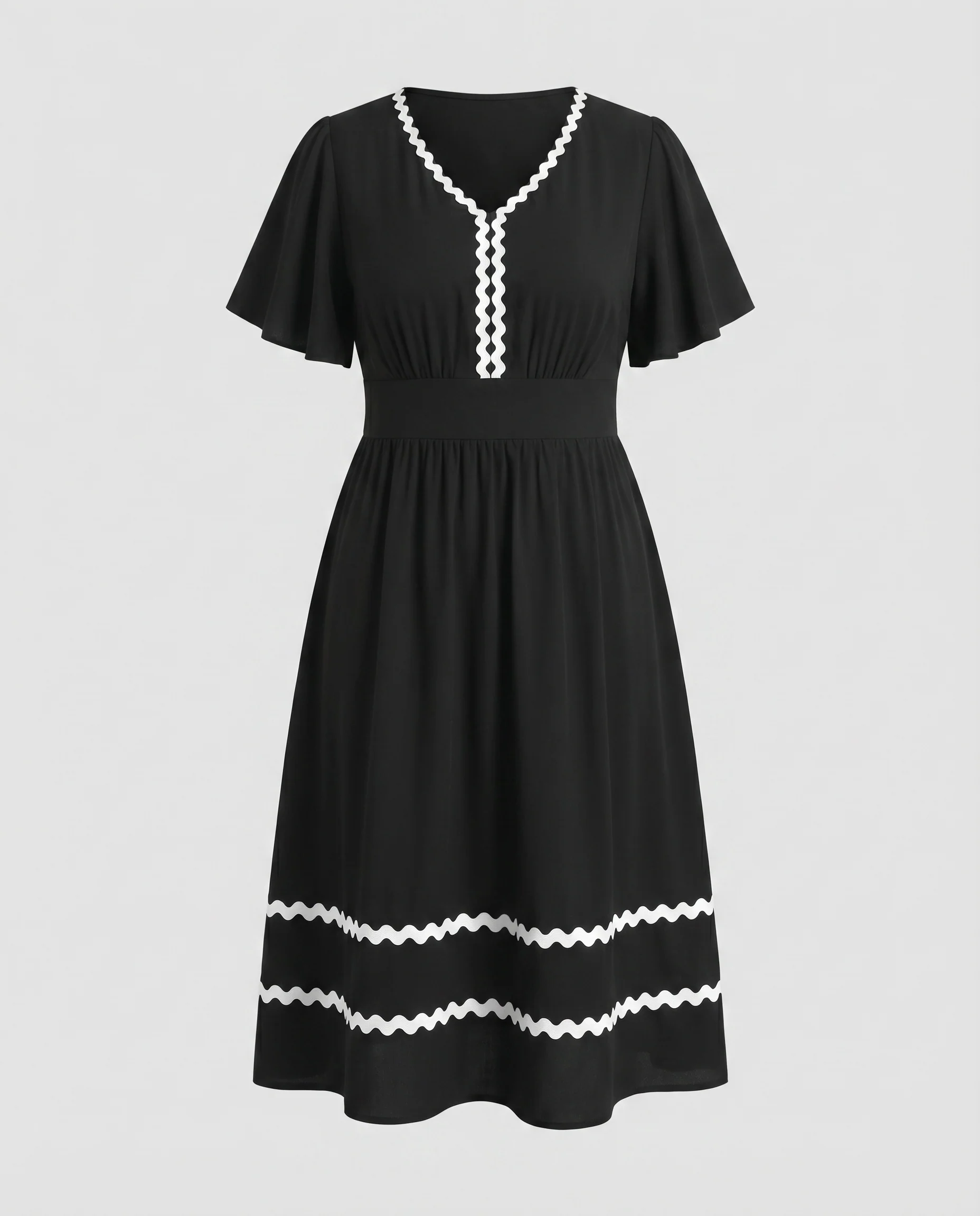 Damen Midikleid Smokbund Volantärmel Zickzackborte - Image 5