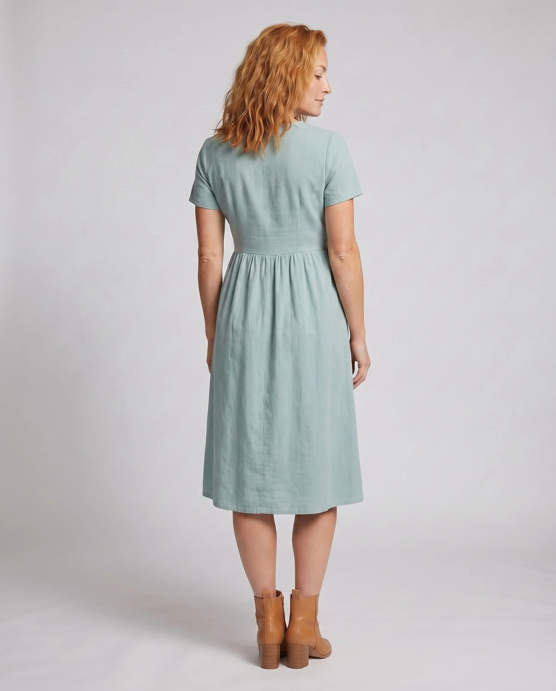 Damen Midikleid Empirenaht Knopfleiste Seitentaschen - Image 4