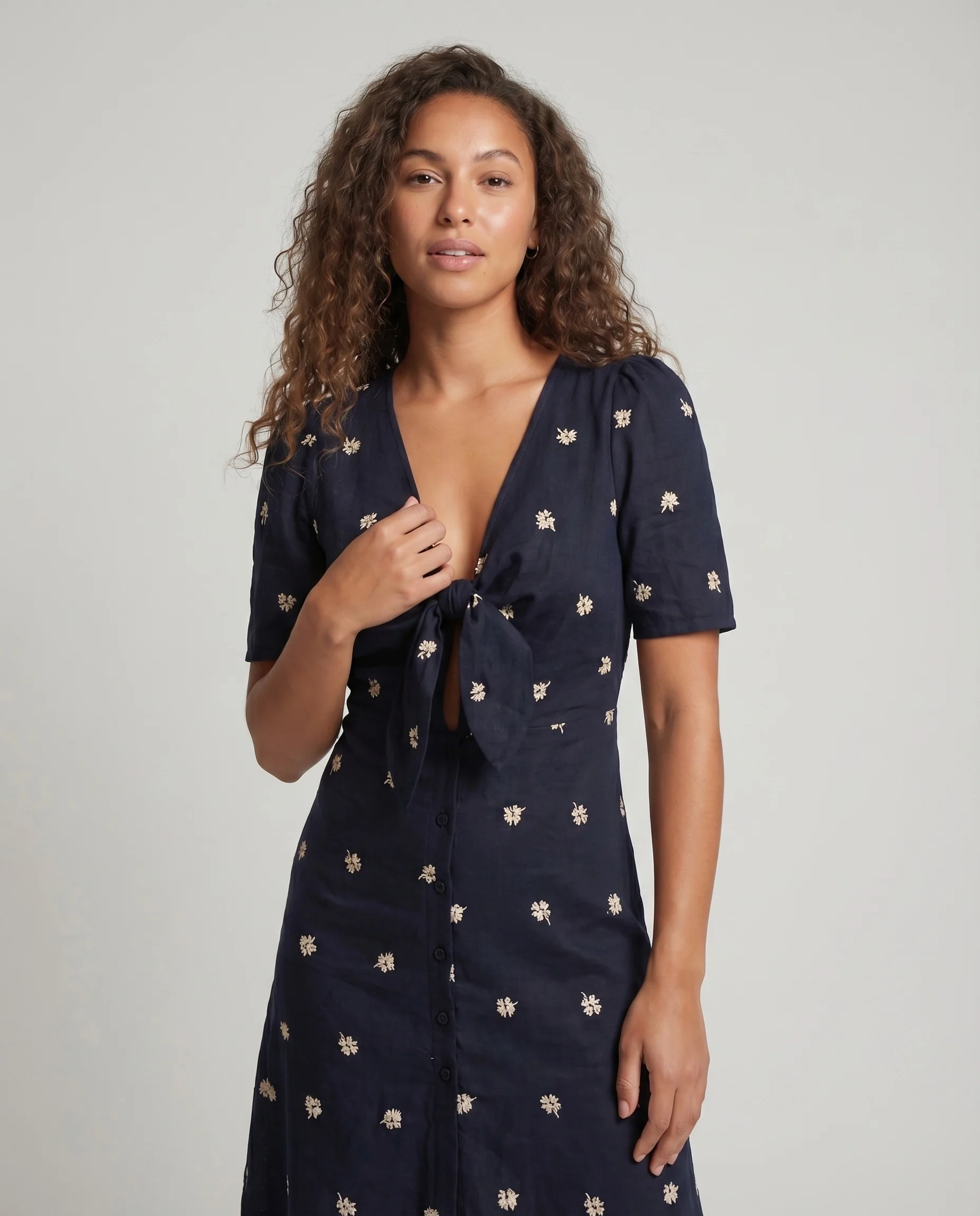 Damen Romantische Vordere Knoten-Corsage Mischgewebe Midikleid - Image 2