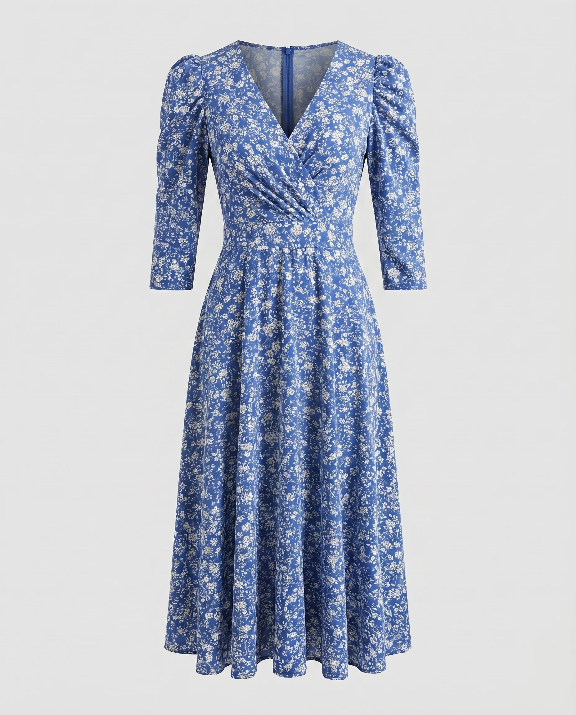Damen Klassische Elegante Puffärmel Mischgewebe Midikleid - Image 10