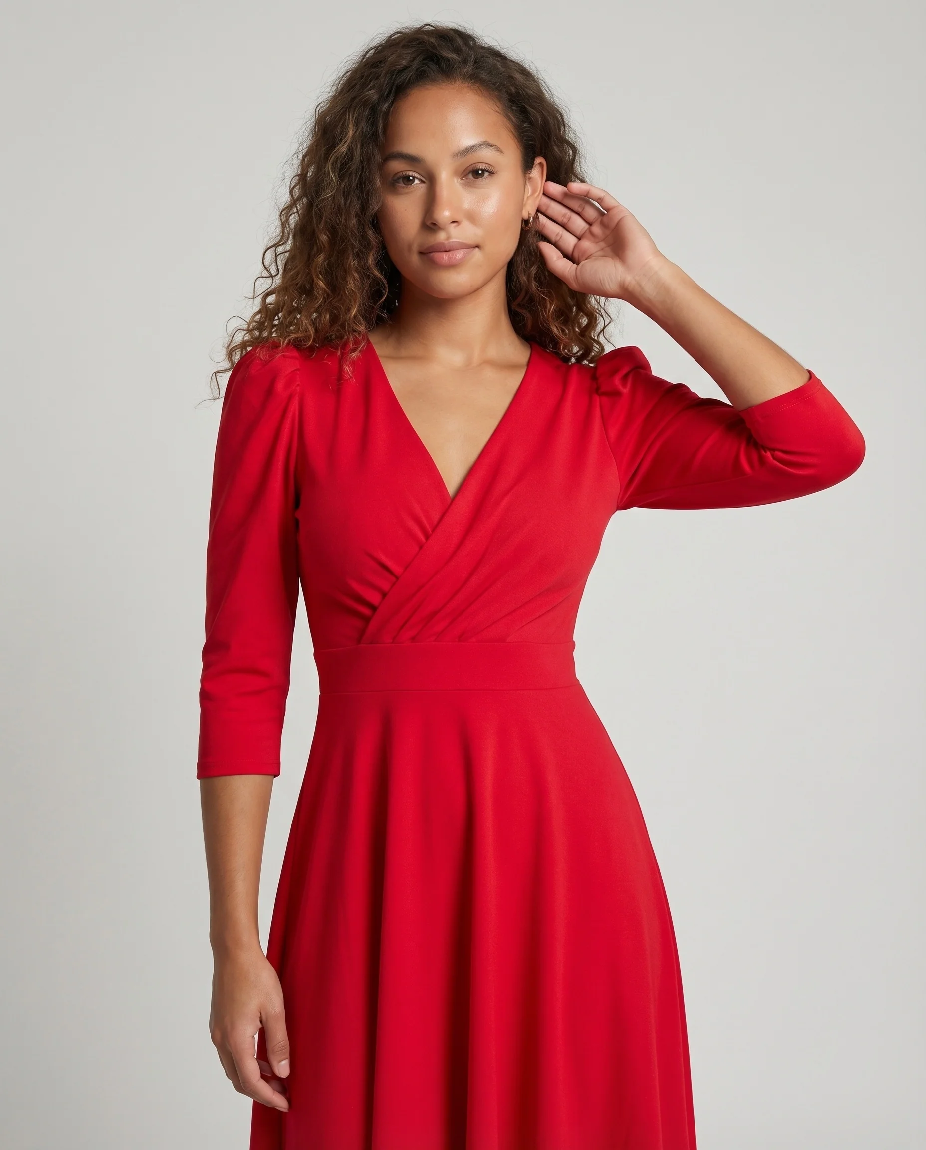 Damen Klassische Elegante Puffärmel Mischgewebe Midikleid - Image 2
