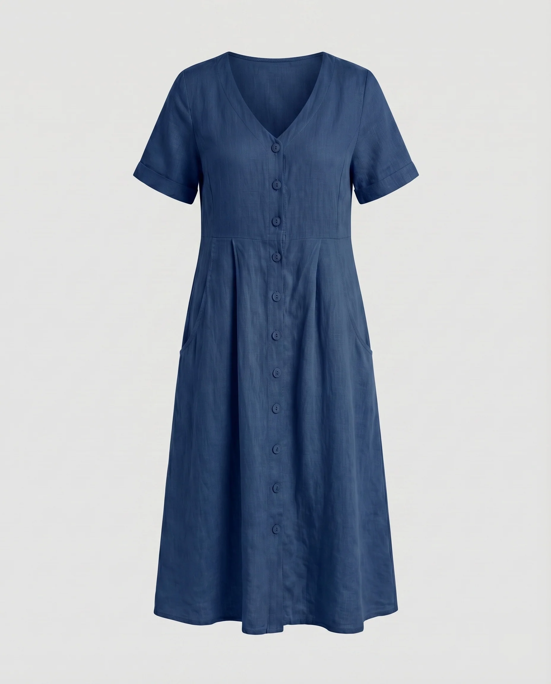 Damen Knopfkleid Leinenmix Eingrifftaschen V-Ausschnitt - Image 6