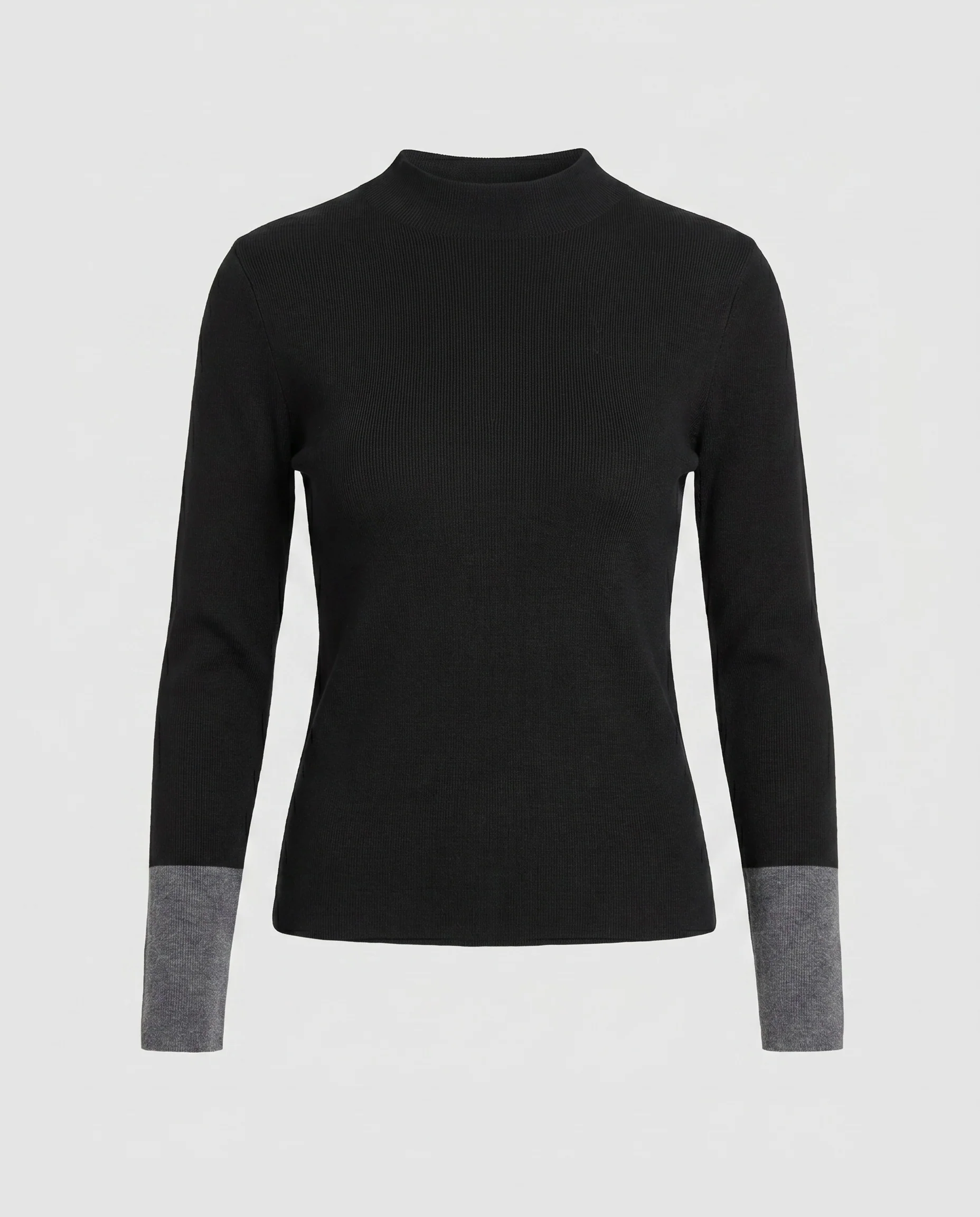 Damen nan minimalistischer Feinstrickpullover mit kurzem Stehkragen, verlängerten Ärmeln und Kontrastabschlüssen - Image 5