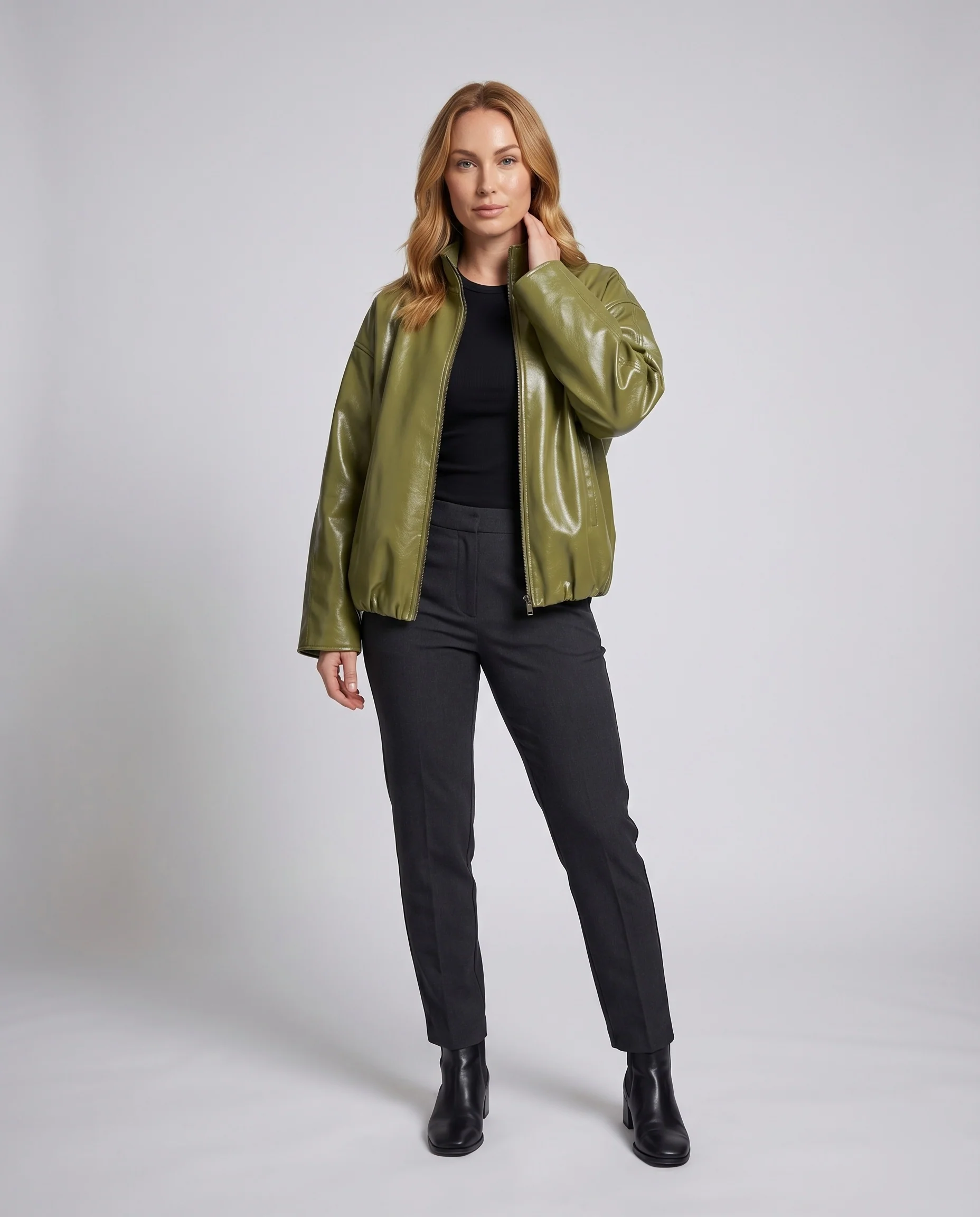 Damen Bikerjacke Kunstleder Asymmetrisch Elastiksaum
