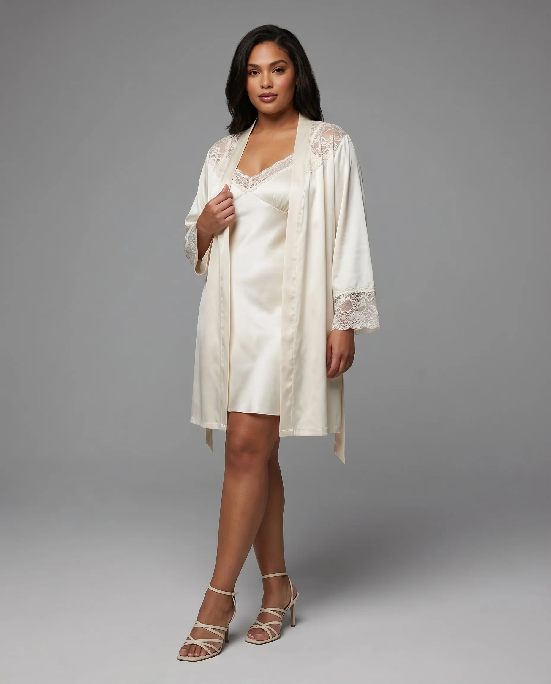 Damen Elegante Feiner Spitzenbesatz Satin Nachtkleid