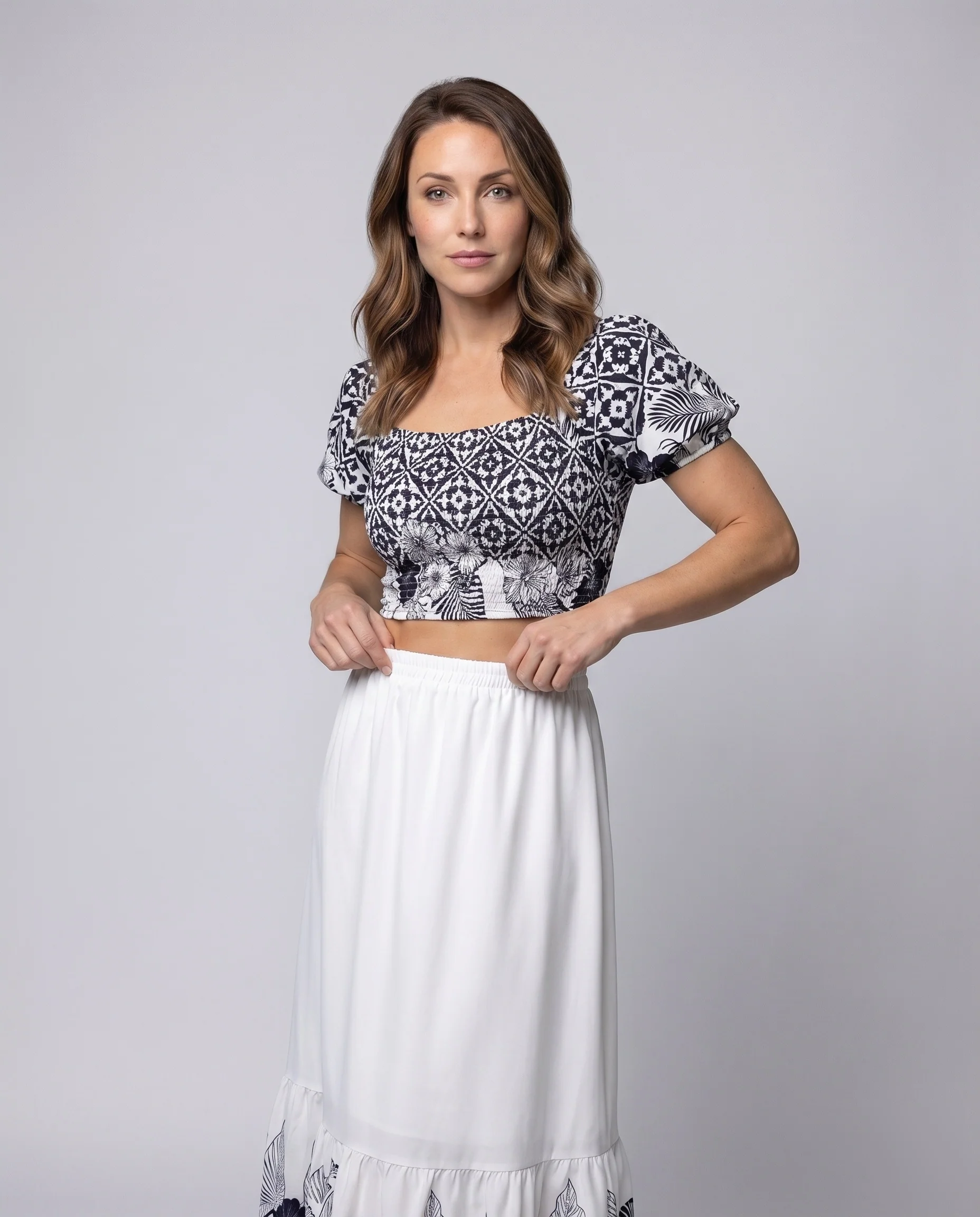 Damen Crop-Set Puffärmel Maxirock Bordürenprint - Image 2