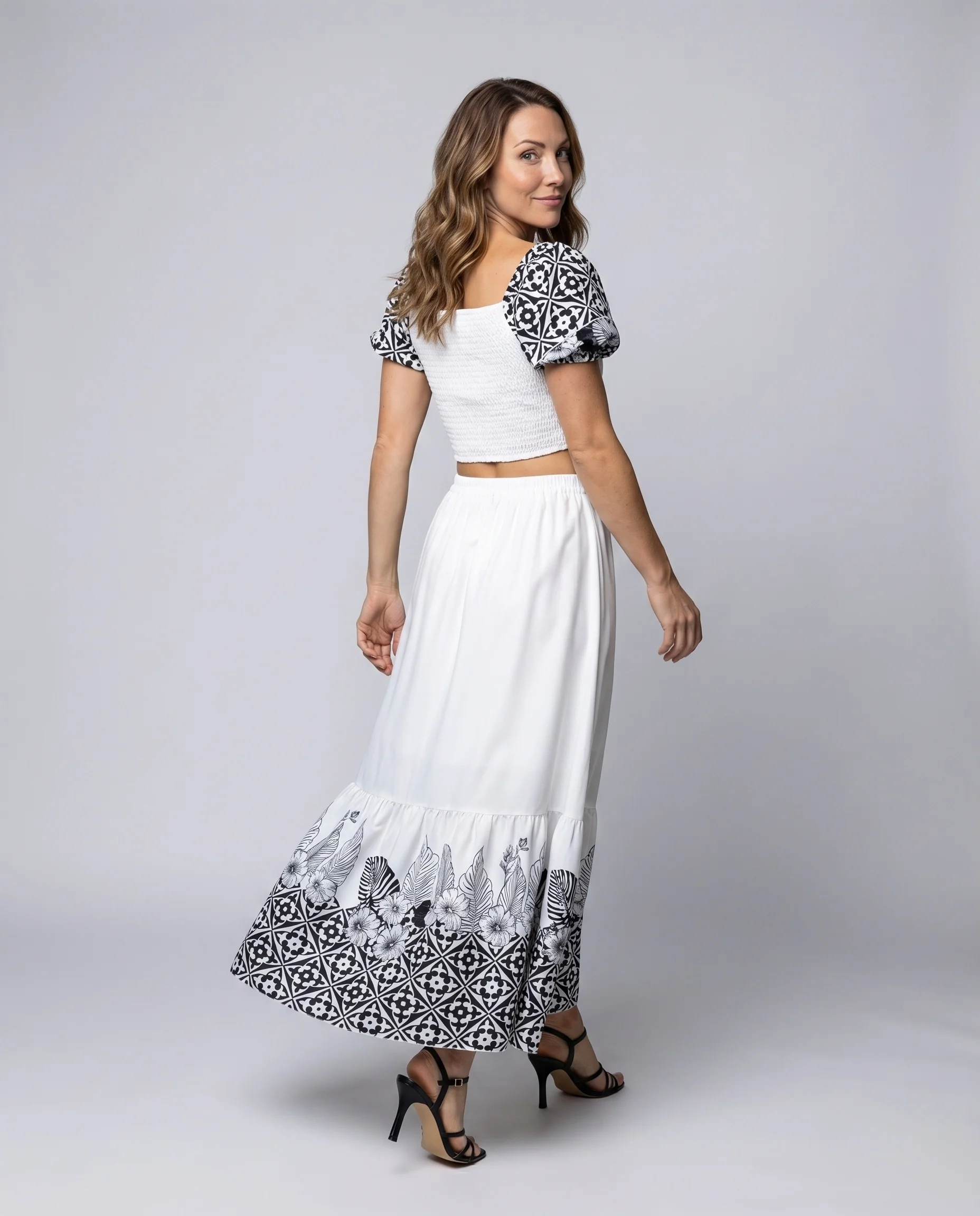 Damen Crop-Set Puffärmel Maxirock Bordürenprint - Image 4