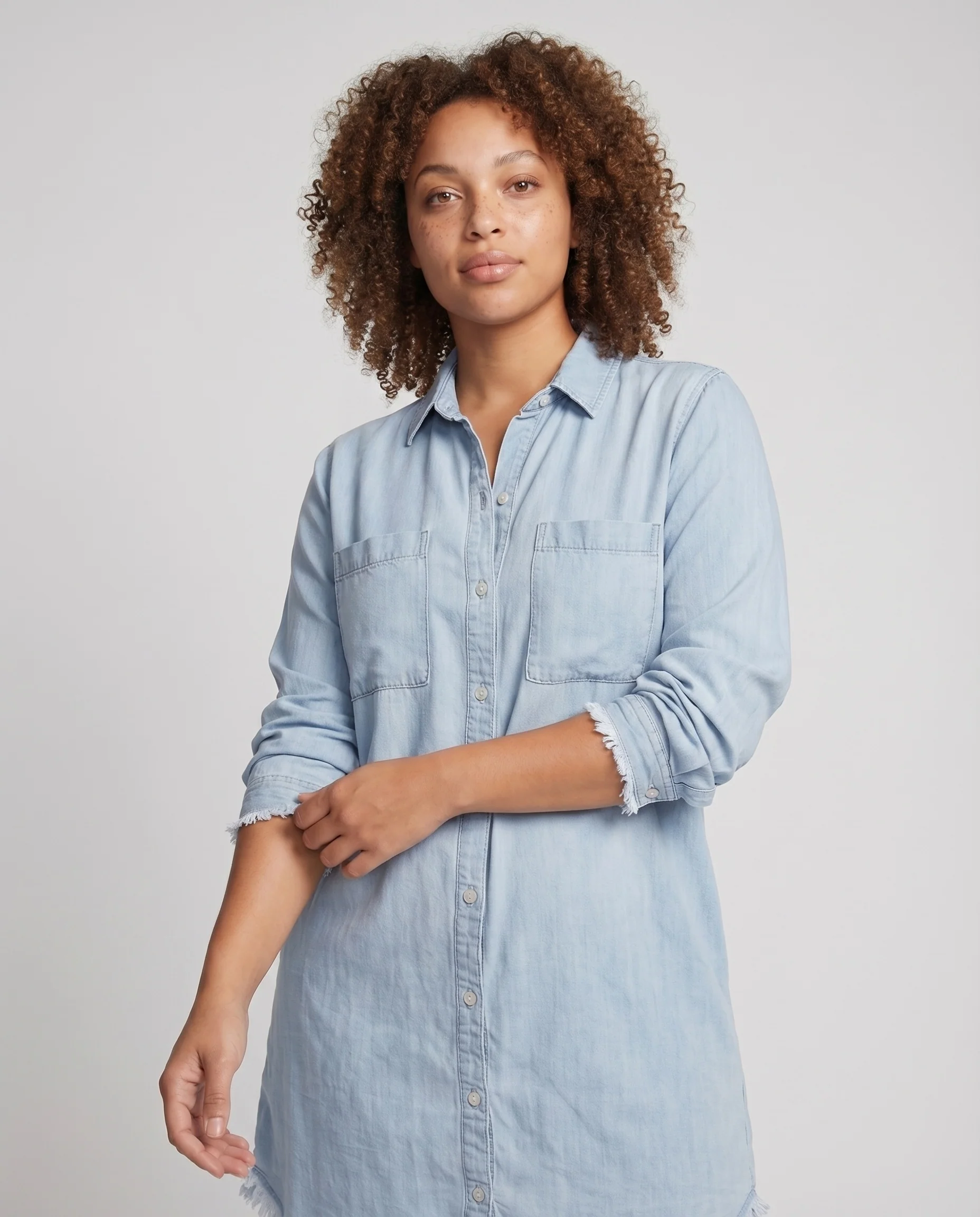 Damen Urbane Ausgefranster Saum Webstoff Hemdkleid - Image 2