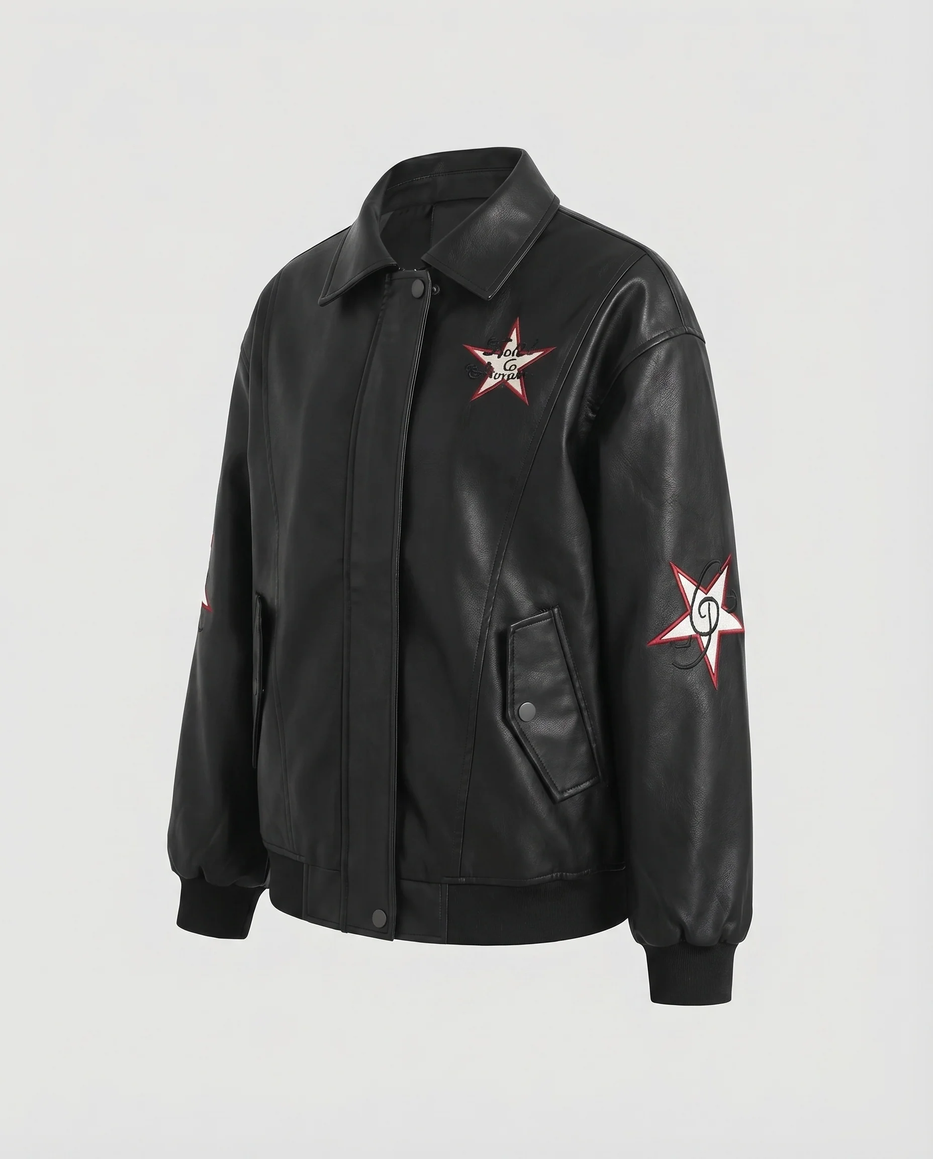 Damen Kunstlederjacke Sternapplikation Pattentaschen Oversize - Image 5