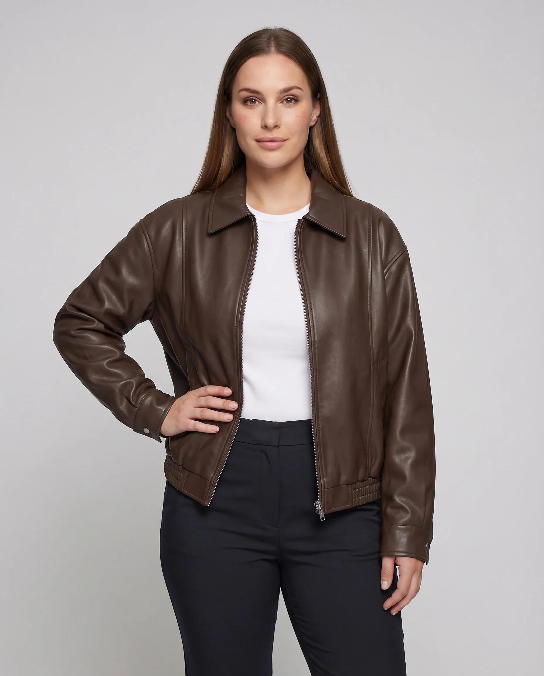 Damen Kunstleder-Blouson Hemdkragen Elastiksaum Oversize - Image 2