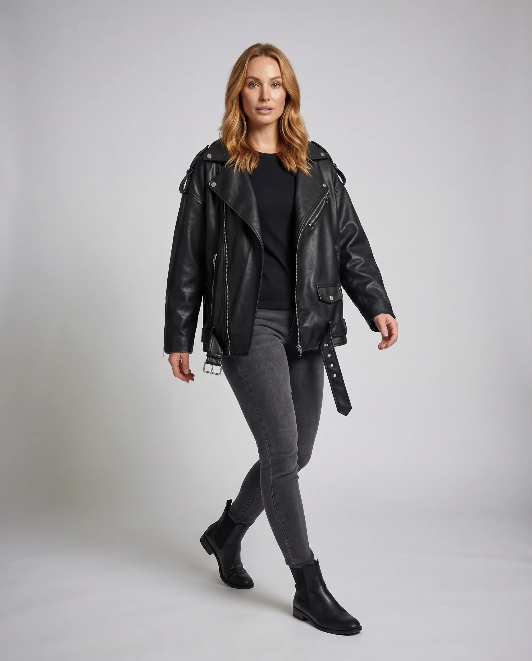 Damen Motorrad-Bikerjacke Oversize Lederimitat Taillengürtel